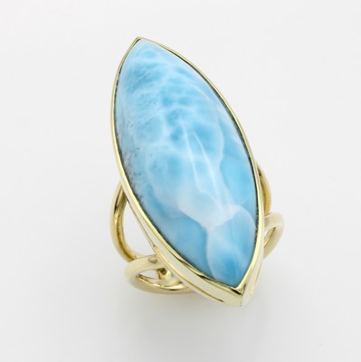Image Ring mit Larimar, GG 585/000, geteilte Ringschiene, Larimarnavette ca. 29 ct, RW ca. 55, ...