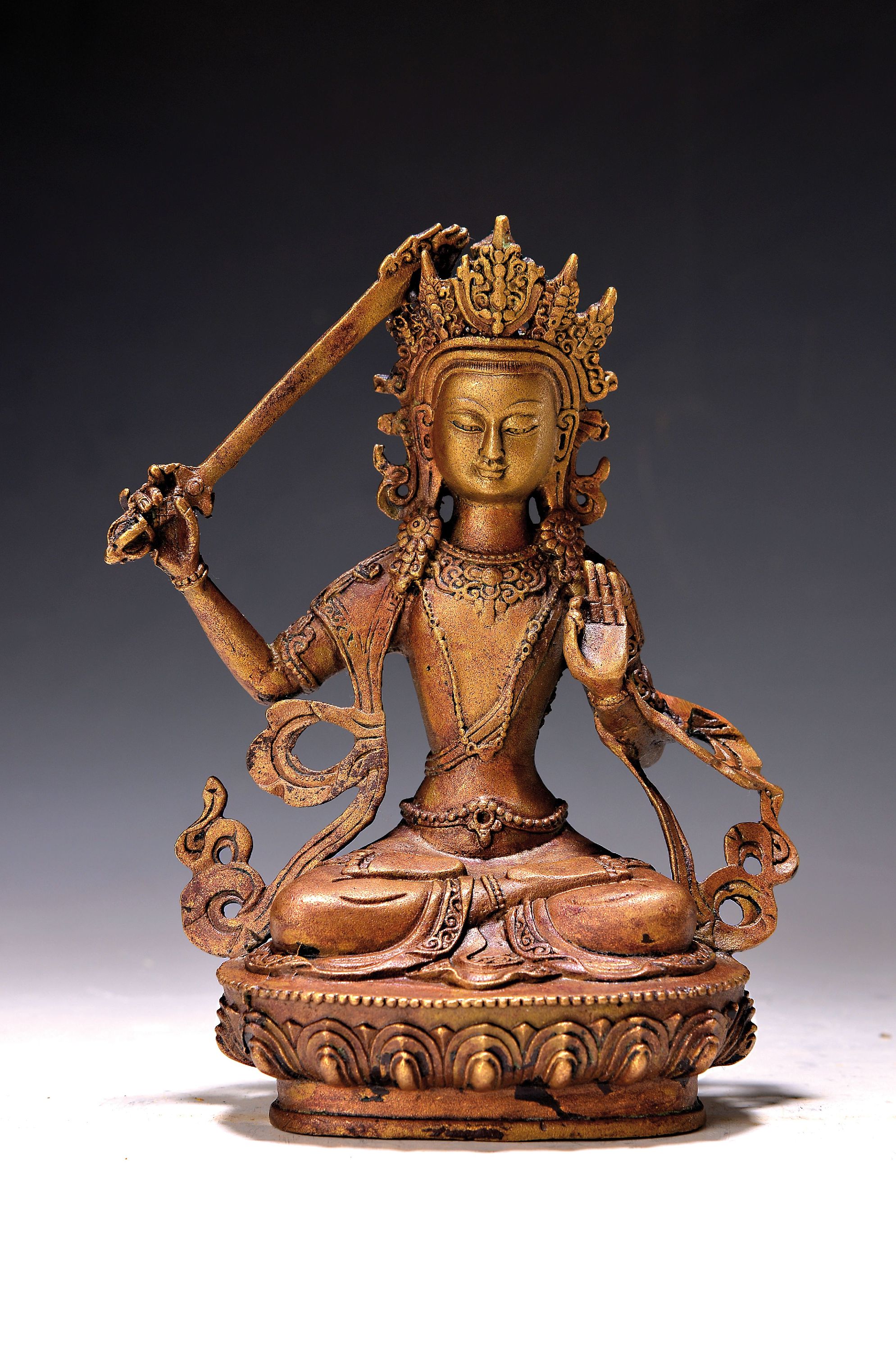 Bodhisattva der Weisheit - Manjushri, Nepal, um 1980, Kupferlegierung, vergoldet, H. 21cm