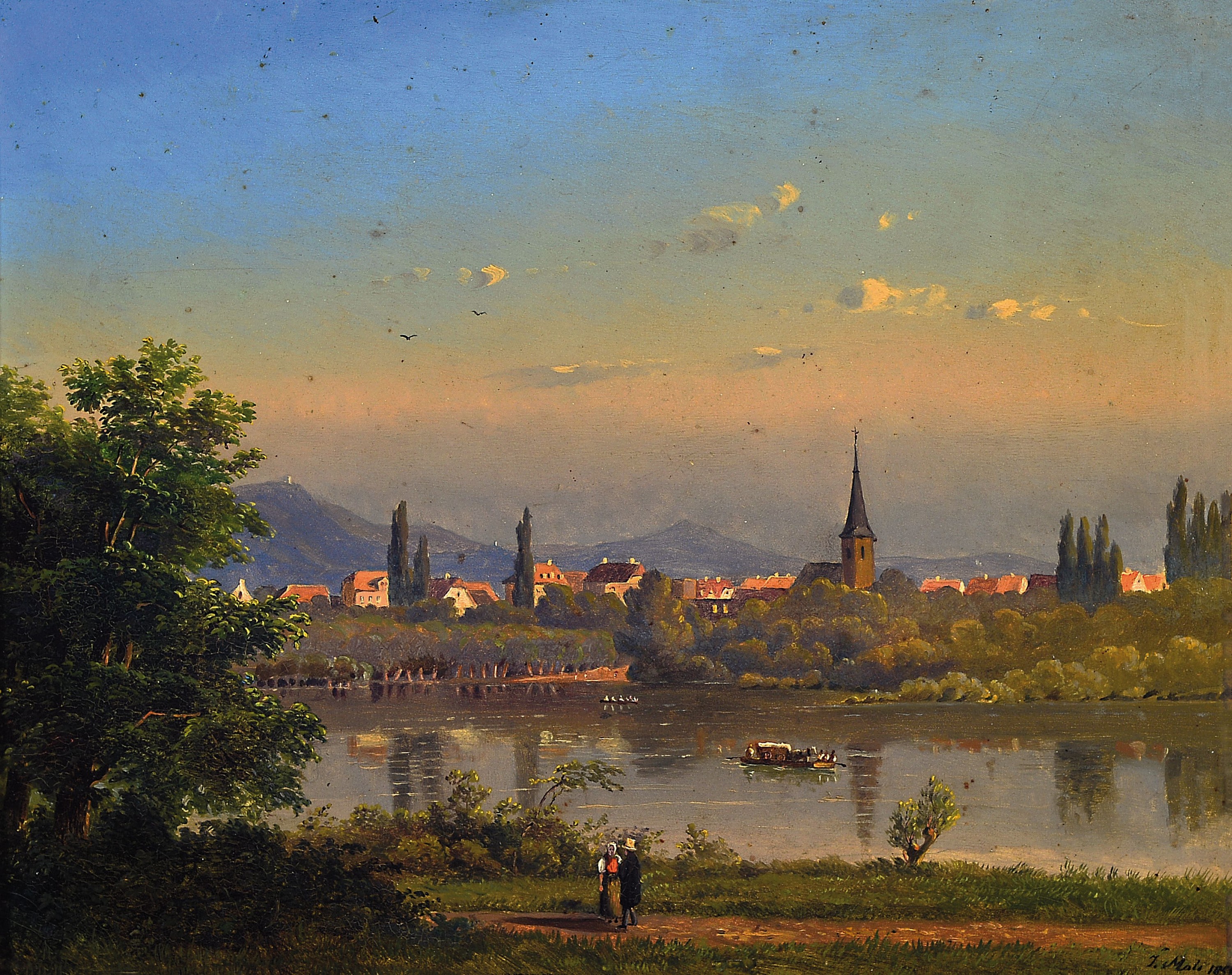 Johannes Jan Cornelis Mali, 1828 Darthuizen/Utrecht-1865 München, Dorfansicht nebst Flusslauf in oberbayerischer Landschaft, Figurenstaffage, rechts ...