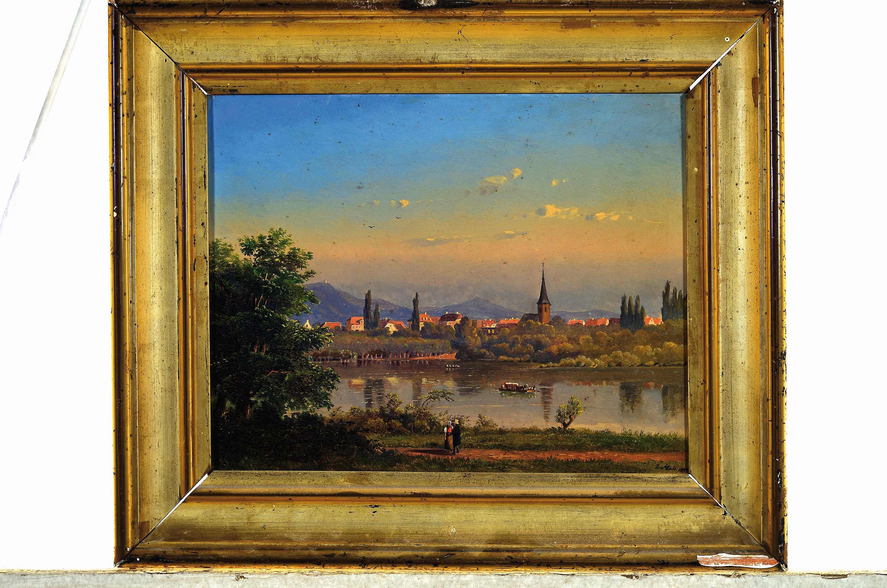 Detail k: Johannes Jan Cornelis Mali, 1828 Darthuizen/Utrecht-1865 München, Dorfansicht nebst Flusslauf in oberbayerischer Landschaft, Figurenstaffage, rechts ...