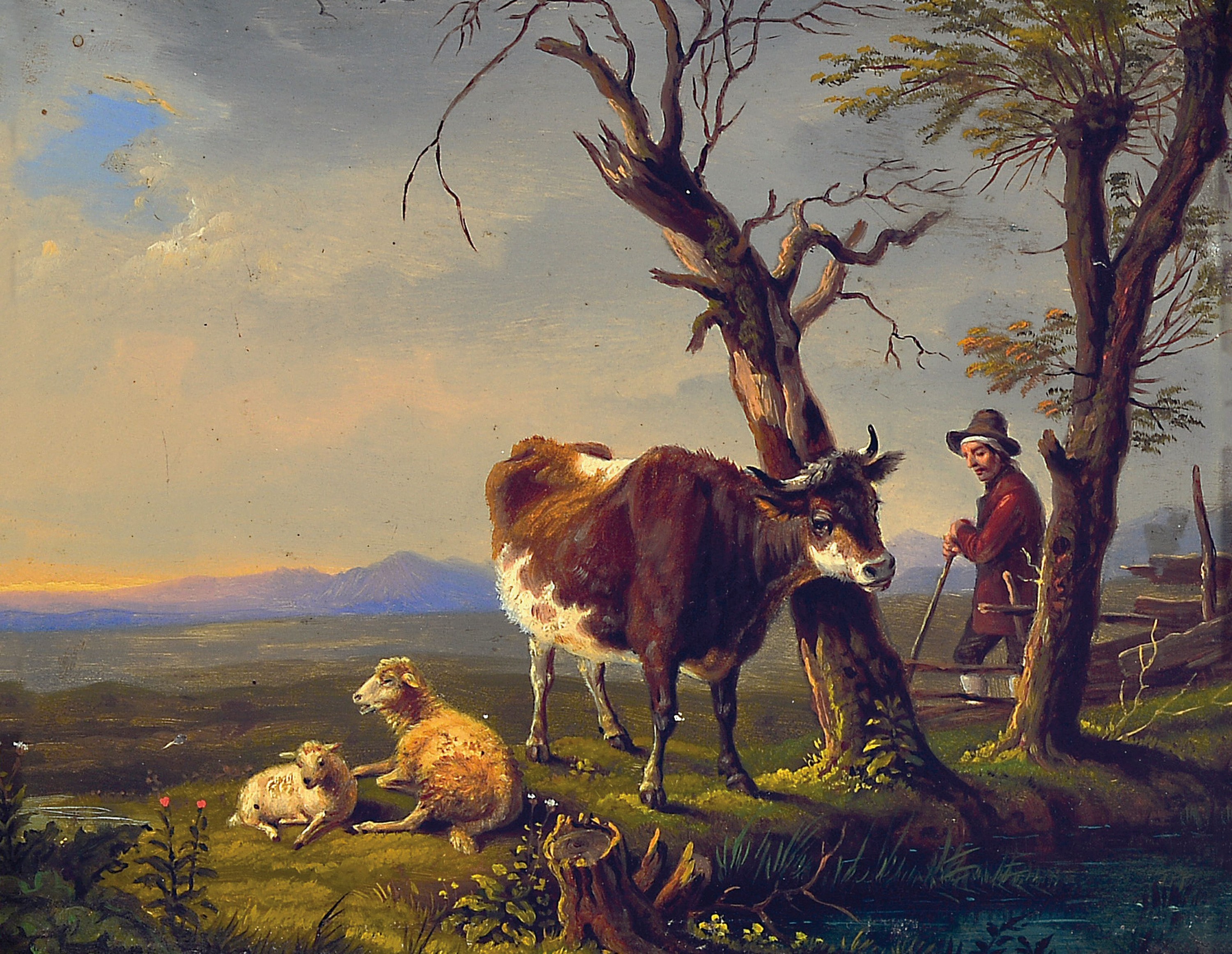 Zuschreibung: Max Joseph Wagenbauer, 1775 Öxing-1829 München, Hirte mit Kuh und zwei Schafen bei der Rast, verblauende Landschaft fein ...