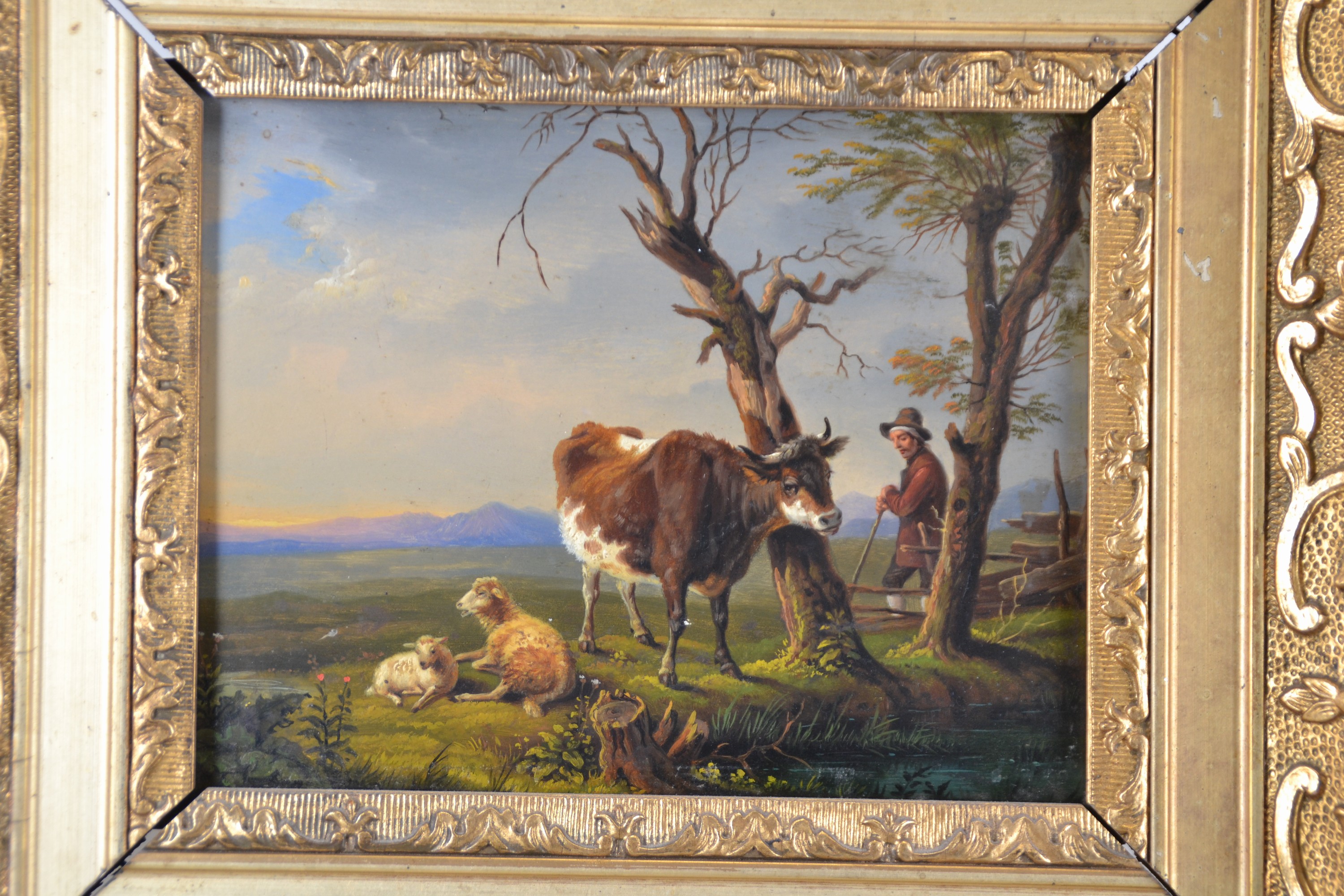 Detail a: Zuschreibung: Max Joseph Wagenbauer, 1775 Öxing-1829 München, Hirte mit Kuh und zwei Schafen bei der Rast, verblauende Landschaft fein ...