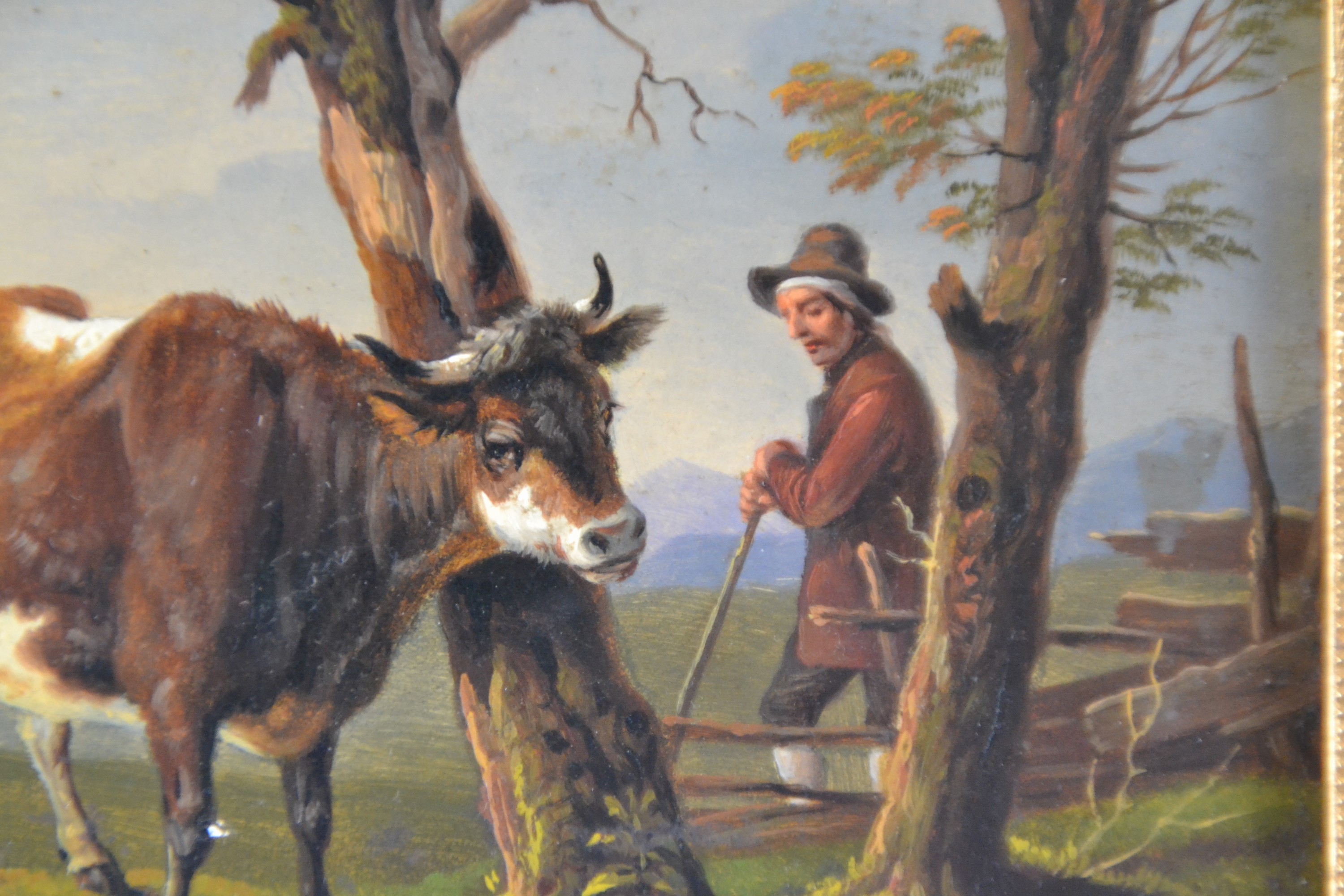 Detail b: Zuschreibung: Max Joseph Wagenbauer, 1775 Öxing-1829 München, Hirte mit Kuh und zwei Schafen bei der Rast, verblauende Landschaft fein ...