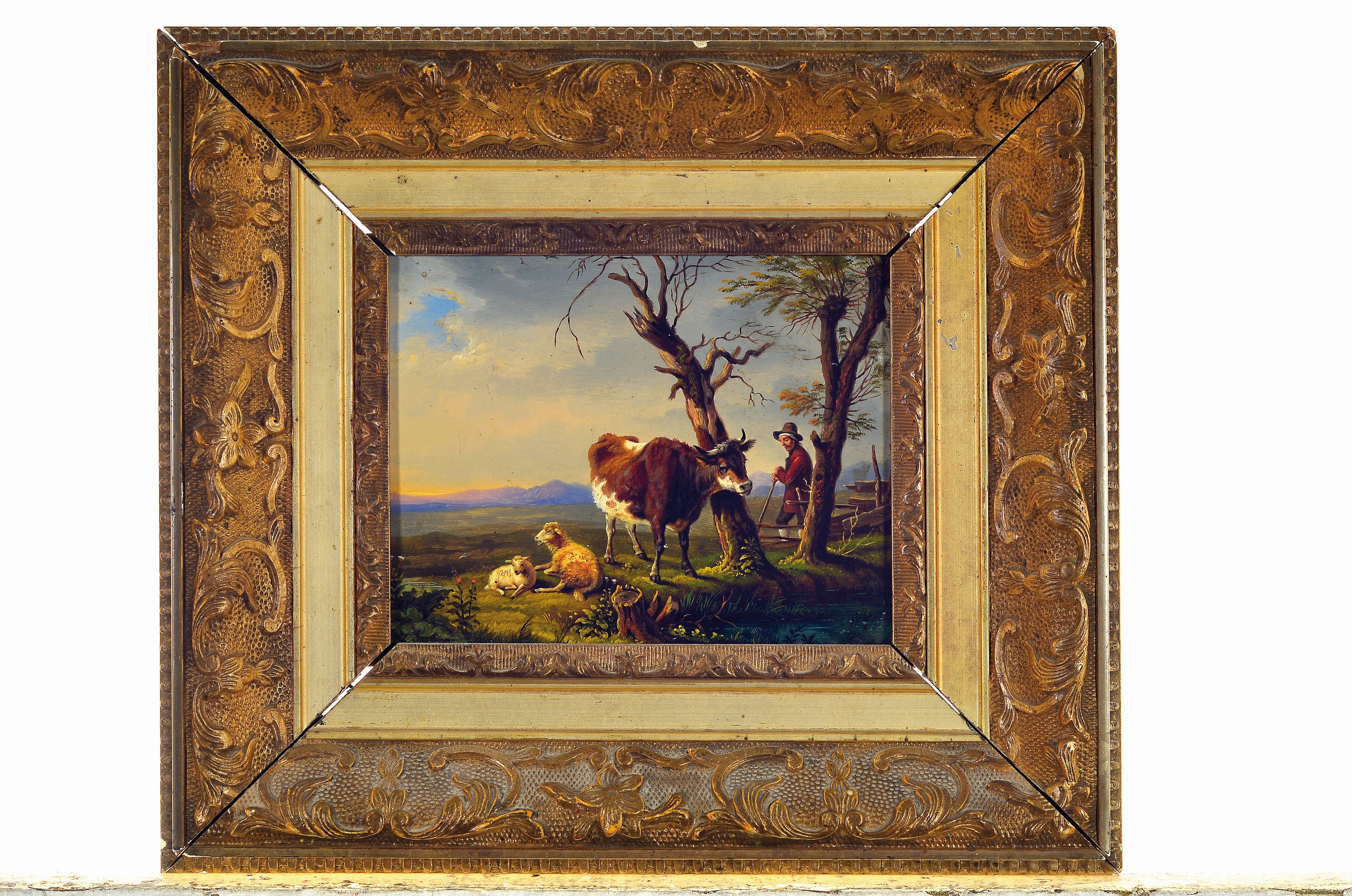 Detail k: Zuschreibung: Max Joseph Wagenbauer, 1775 Öxing-1829 München, Hirte mit Kuh und zwei Schafen bei der Rast, verblauende Landschaft fein ...