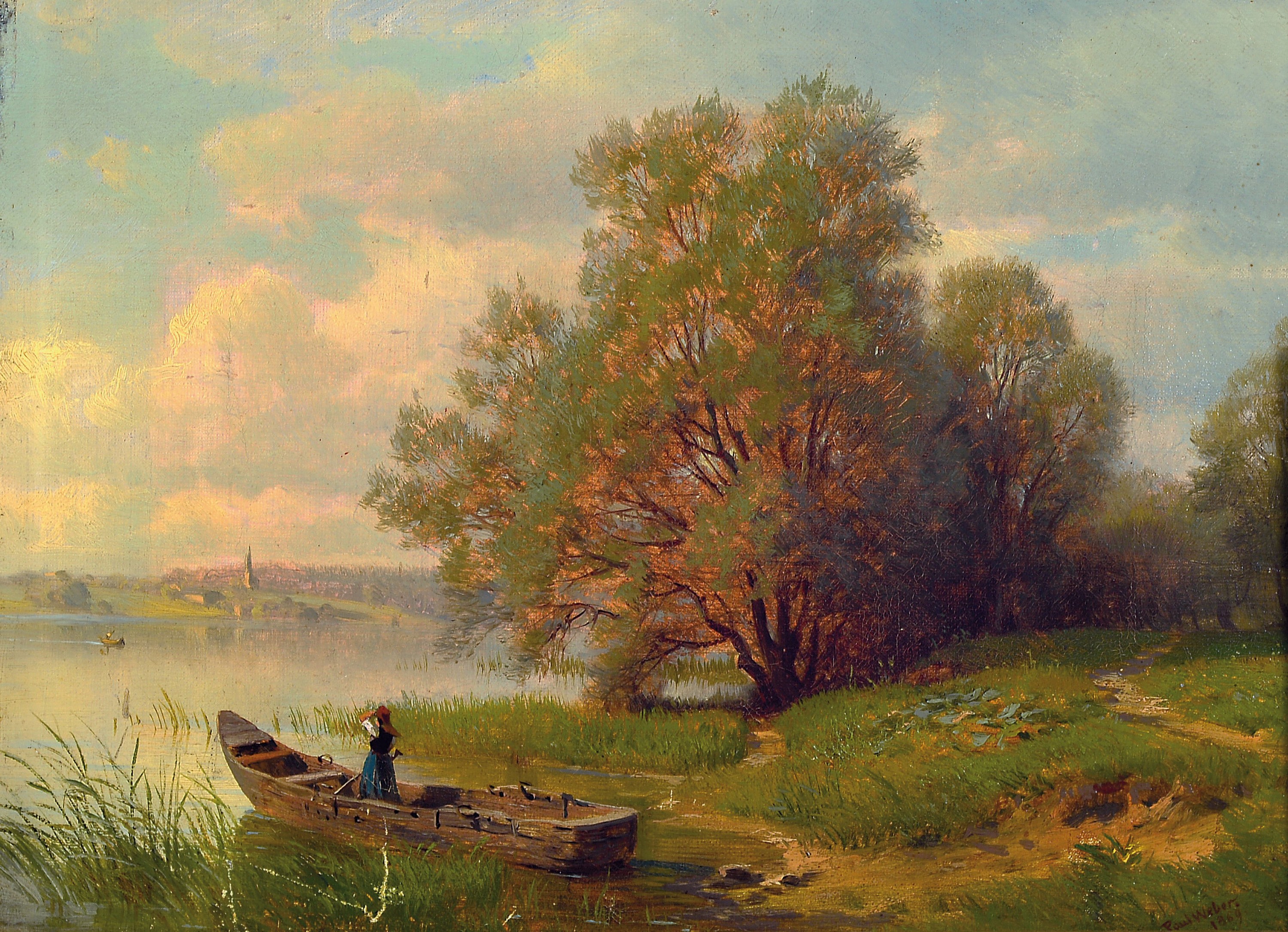 Paul Weber, 1823 Darmstadt-1916 München, "Chiemsee" 1869, so verso bezeichnet und datiert, rechts unten signiert, Öl/Lwd verso altes ...