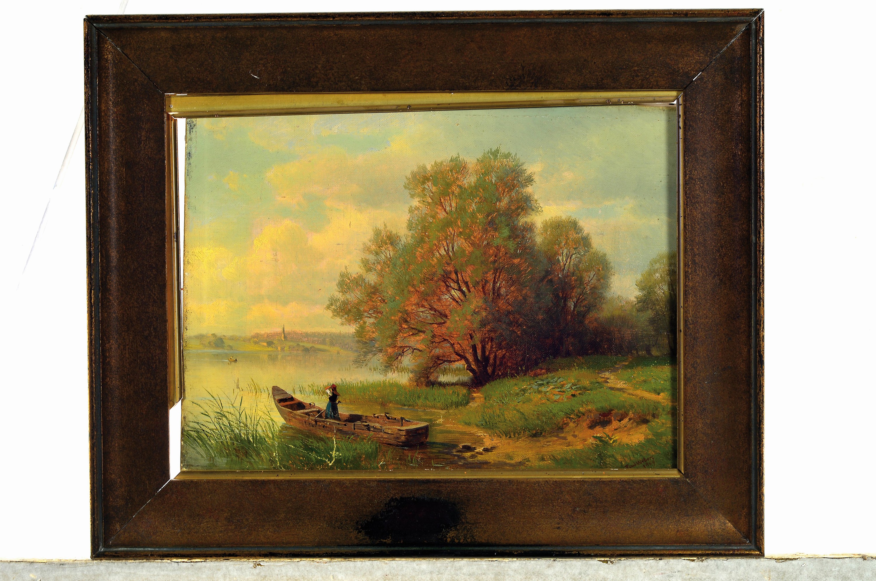 Detail k: Paul Weber, 1823 Darmstadt-1916 München, "Chiemsee" 1869, so verso bezeichnet und datiert, rechts unten signiert, Öl/Lwd verso altes ...