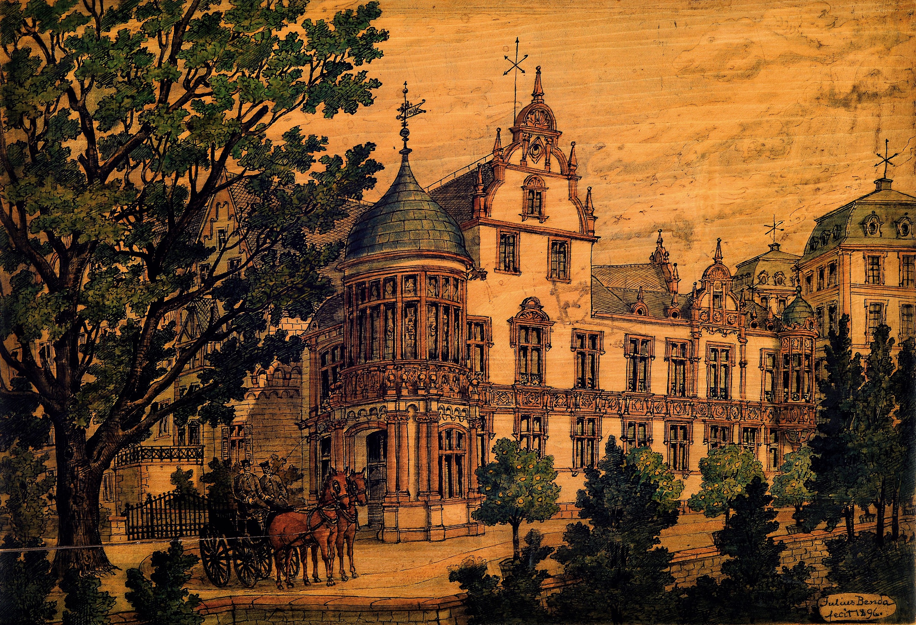 Julius Benda, 1838 Raudten-1897 Darmstadt, Architekt, 4 Architekturzeichnungen auf Holzplatten, verschiedene Ansichten einer Villa bzw. eines ...