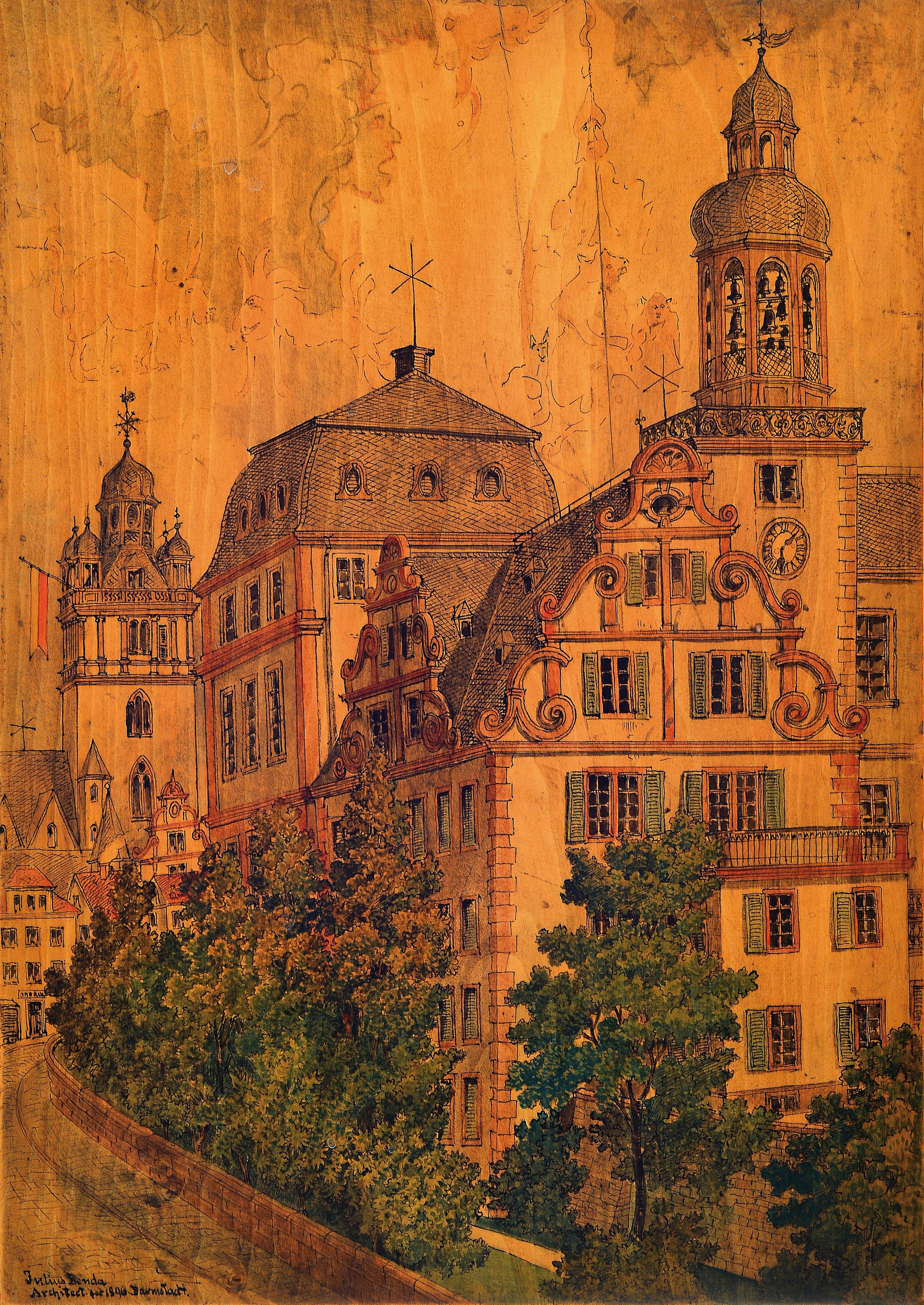 Detail a: Julius Benda, 1838 Raudten-1897 Darmstadt, Architekt, 4 Architekturzeichnungen auf Holzplatten, verschiedene Ansichten einer Villa bzw. eines ...