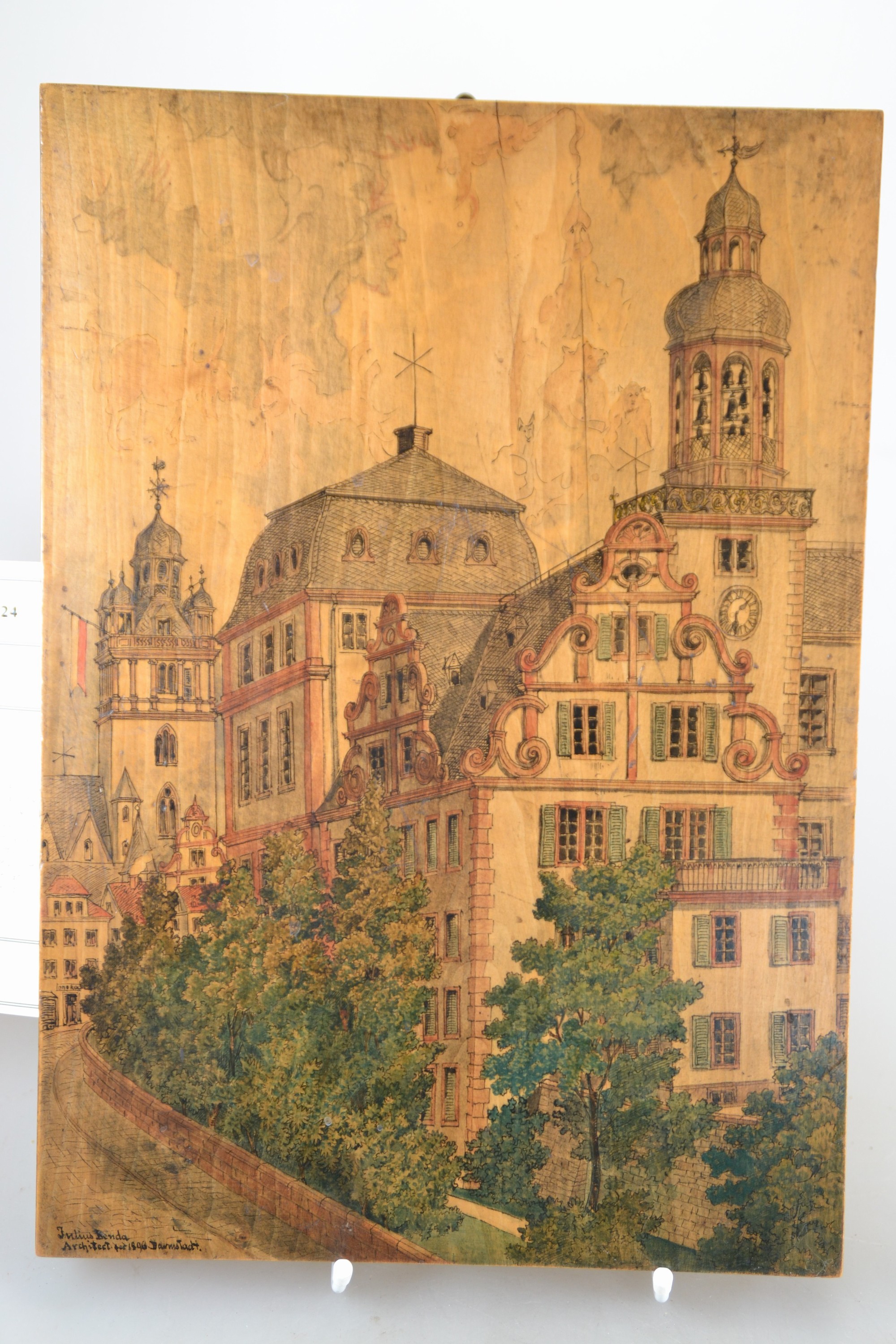 Detail b: Julius Benda, 1838 Raudten-1897 Darmstadt, Architekt, 4 Architekturzeichnungen auf Holzplatten, verschiedene Ansichten einer Villa bzw. eines ...