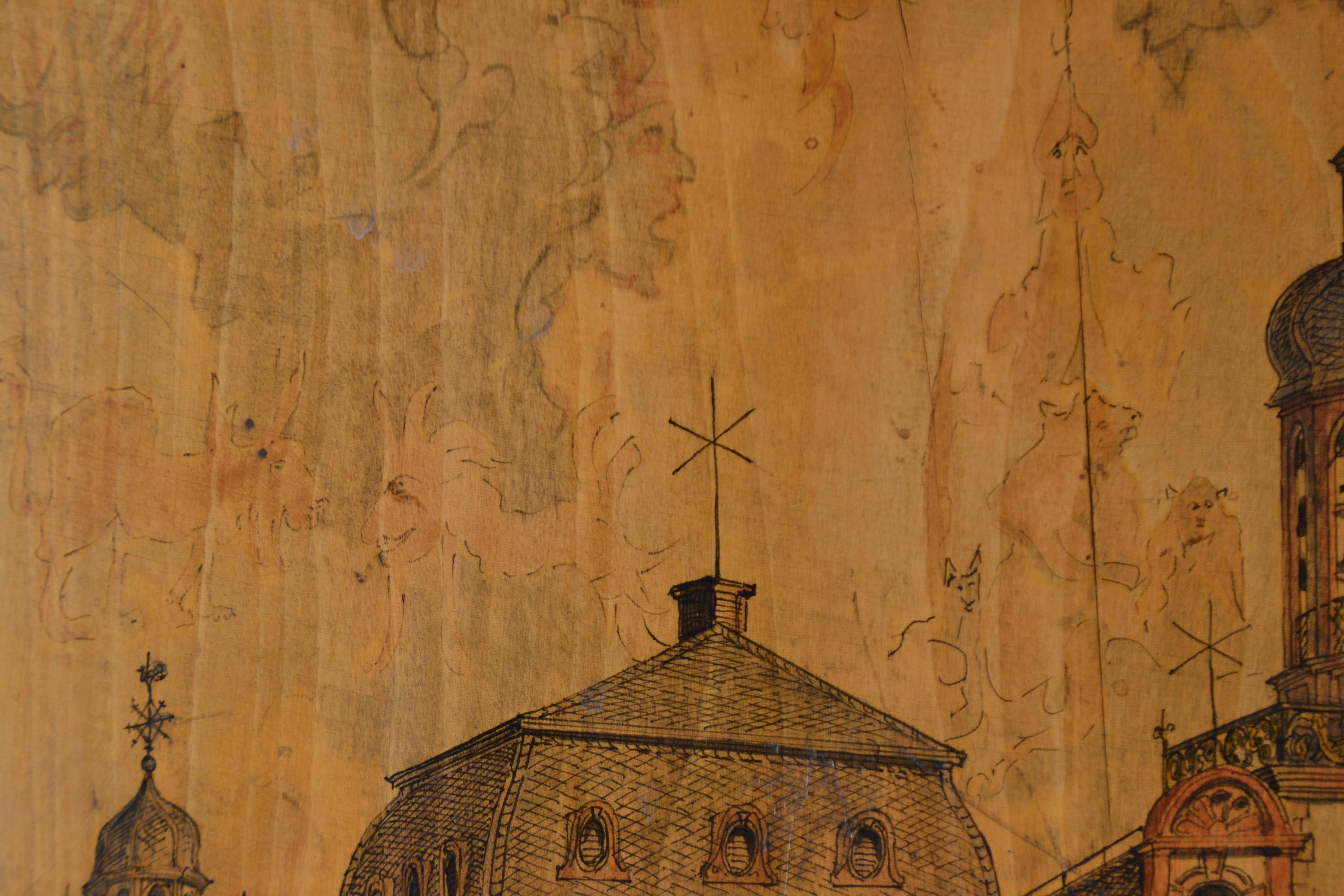 Detail c: Julius Benda, 1838 Raudten-1897 Darmstadt, Architekt, 4 Architekturzeichnungen auf Holzplatten, verschiedene Ansichten einer Villa bzw. eines ...