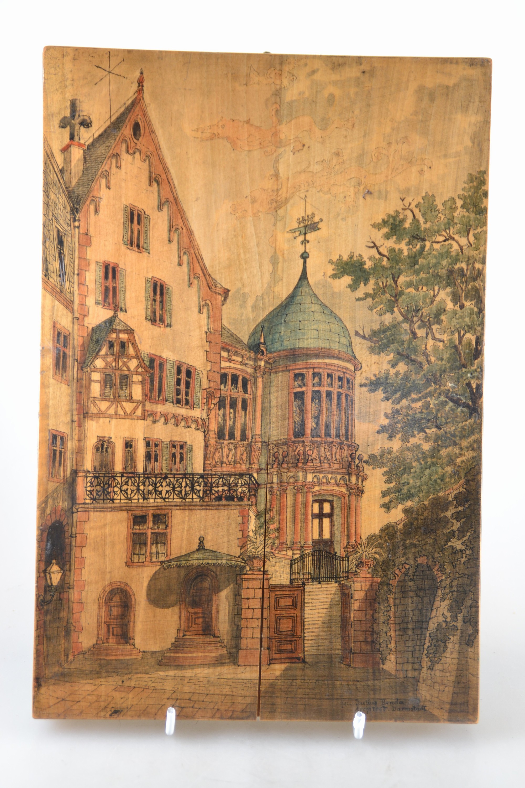 Detail f: Julius Benda, 1838 Raudten-1897 Darmstadt, Architekt, 4 Architekturzeichnungen auf Holzplatten, verschiedene Ansichten einer Villa bzw. eines ...