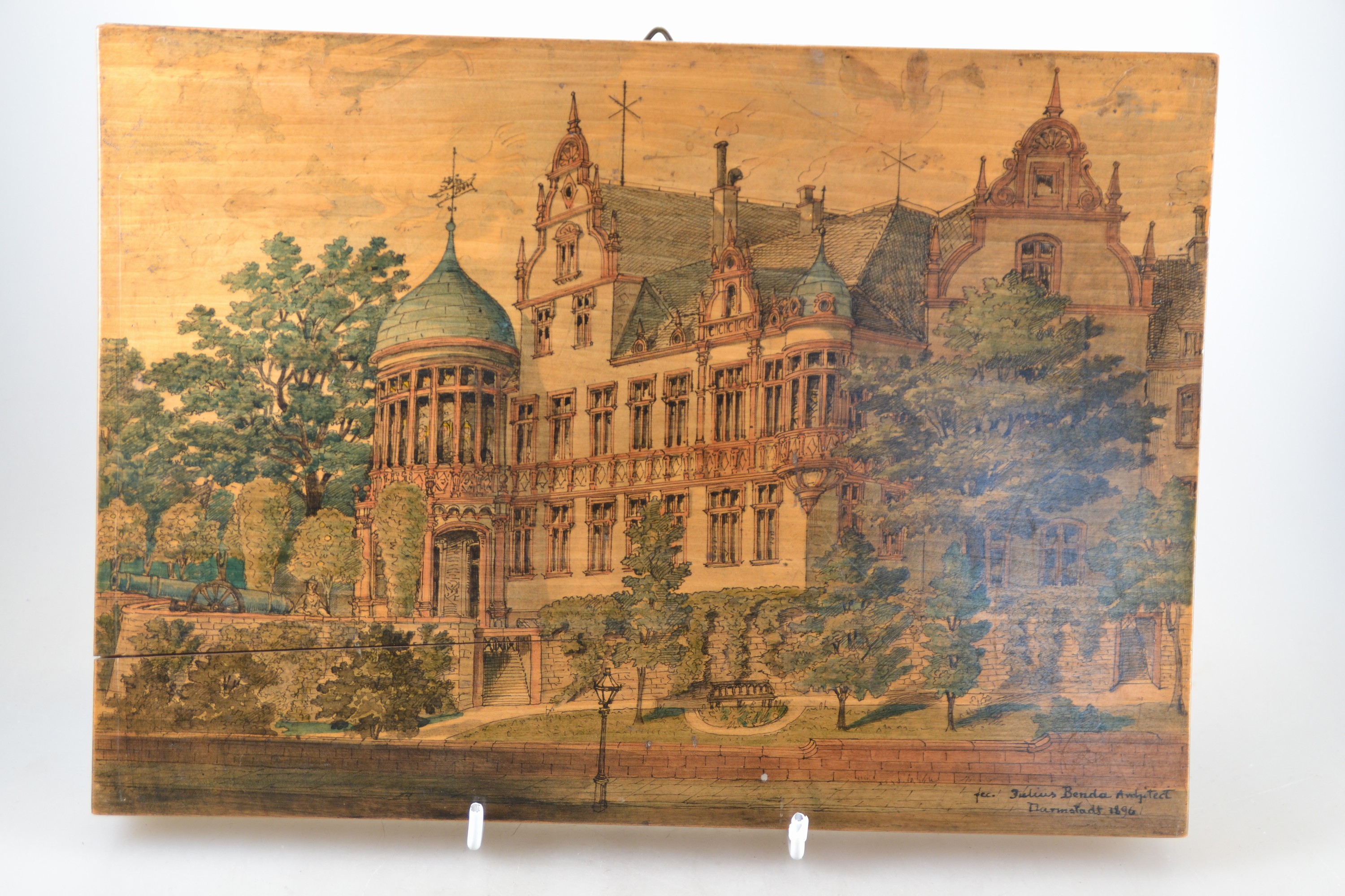 Detail h: Julius Benda, 1838 Raudten-1897 Darmstadt, Architekt, 4 Architekturzeichnungen auf Holzplatten, verschiedene Ansichten einer Villa bzw. eines ...