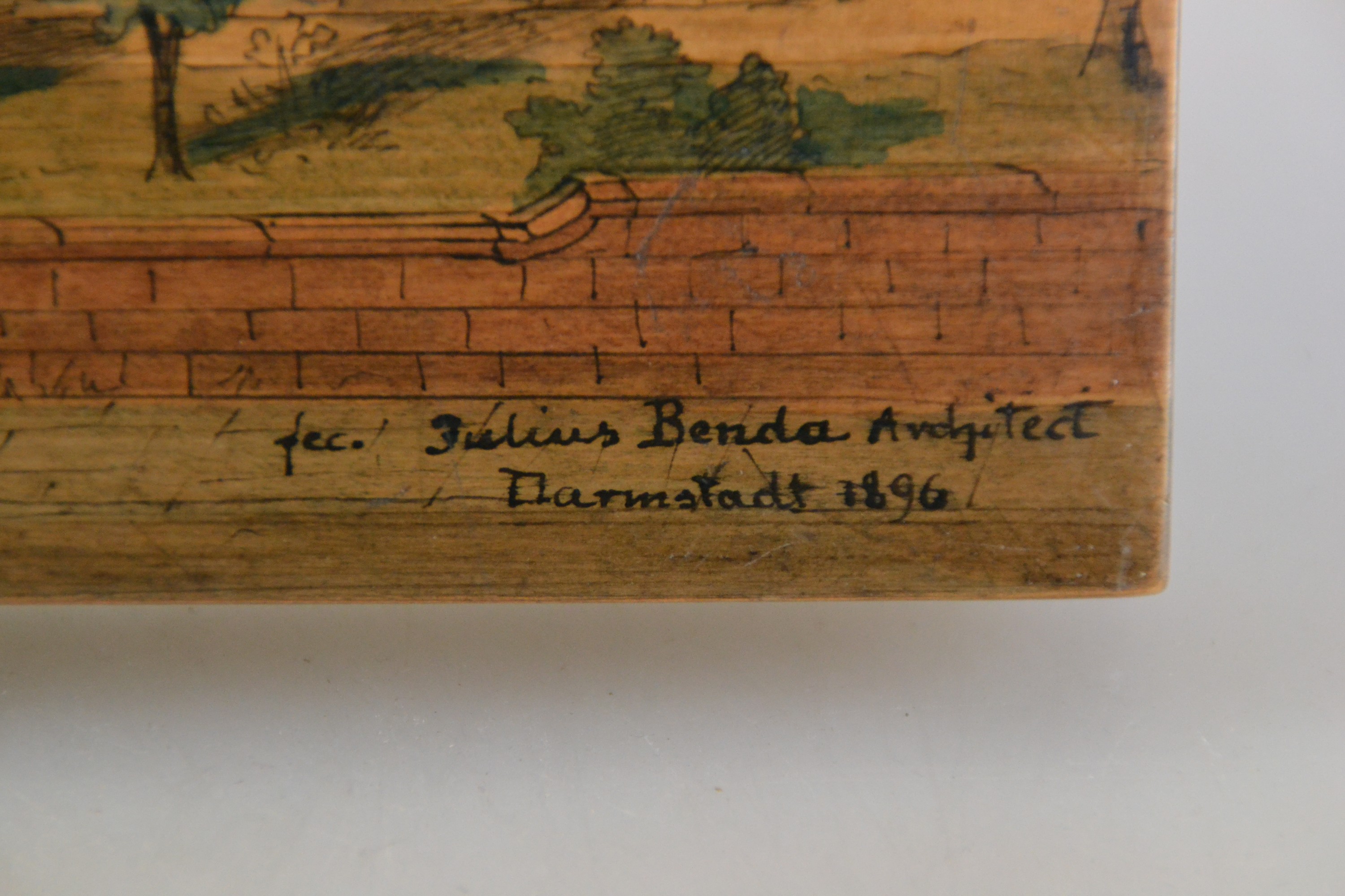 Detail i: Julius Benda, 1838 Raudten-1897 Darmstadt, Architekt, 4 Architekturzeichnungen auf Holzplatten, verschiedene Ansichten einer Villa bzw. eines ...