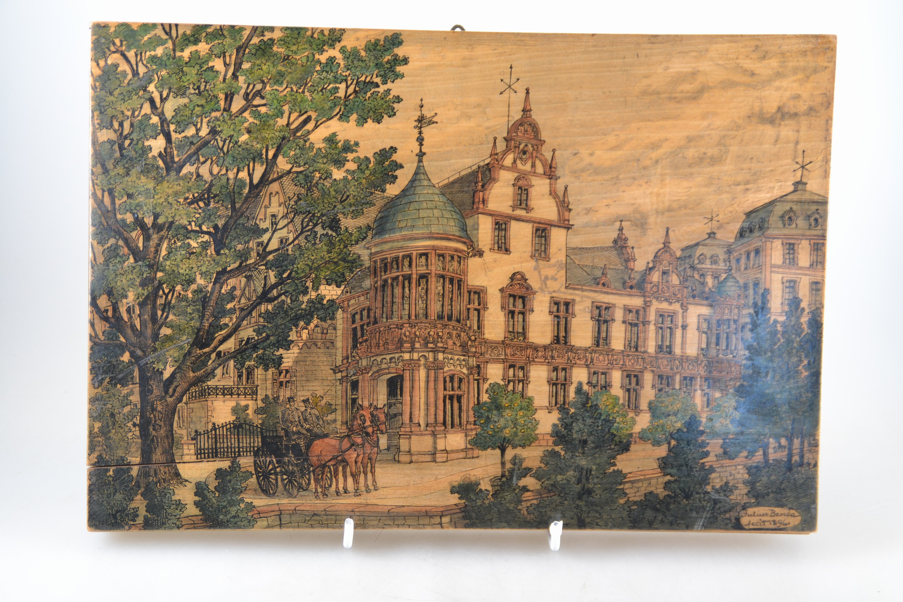 Detail k: Julius Benda, 1838 Raudten-1897 Darmstadt, Architekt, 4 Architekturzeichnungen auf Holzplatten, verschiedene Ansichten einer Villa bzw. eines ...