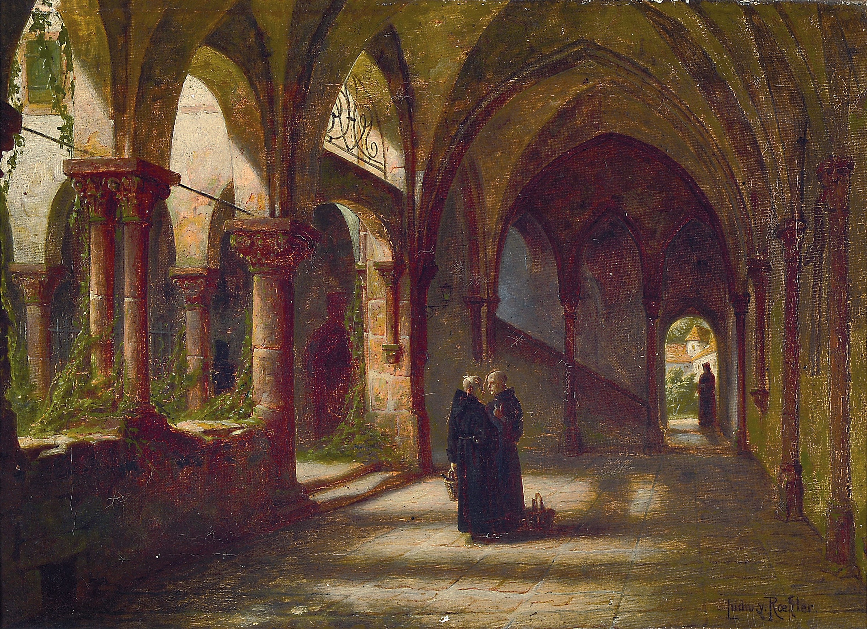 Ludwig von Röhler, Künstler des ausgehenden 19.Jh., "Klosterruine" so verso betitelt, zweiMönche im Gewölbe eines Kreuzganges, rechts ...