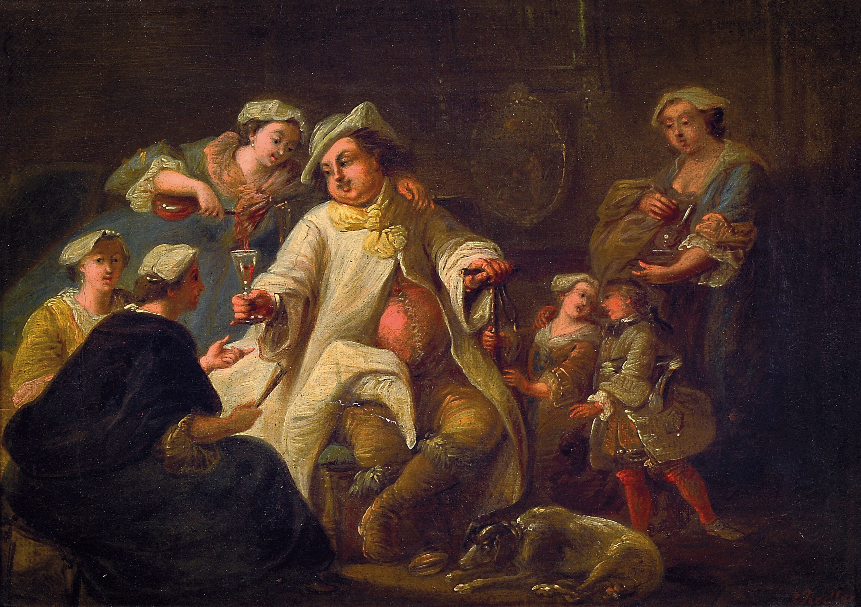 Detail a: Johann Christian Fiedler, 1697 Pirna-1768 Darmstadt, zwei Genres: Interieur mit zwei Frauen einen Edelmann bestehlend, Interieur mit Trinkgelage, je ...