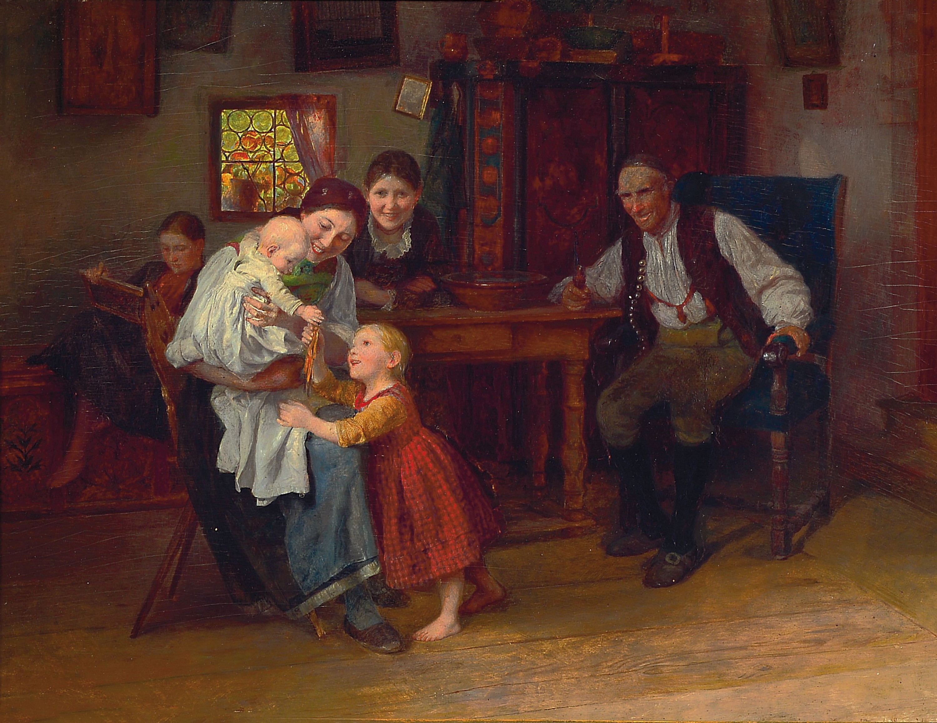 Theodor Schmidt, 1885-1937 München, bäuerliches Interieur, Familie um eine Mutter mit Kleinkind, rechts unten signiert, Öl/Holz, 24x32 cm, Rahmen ...