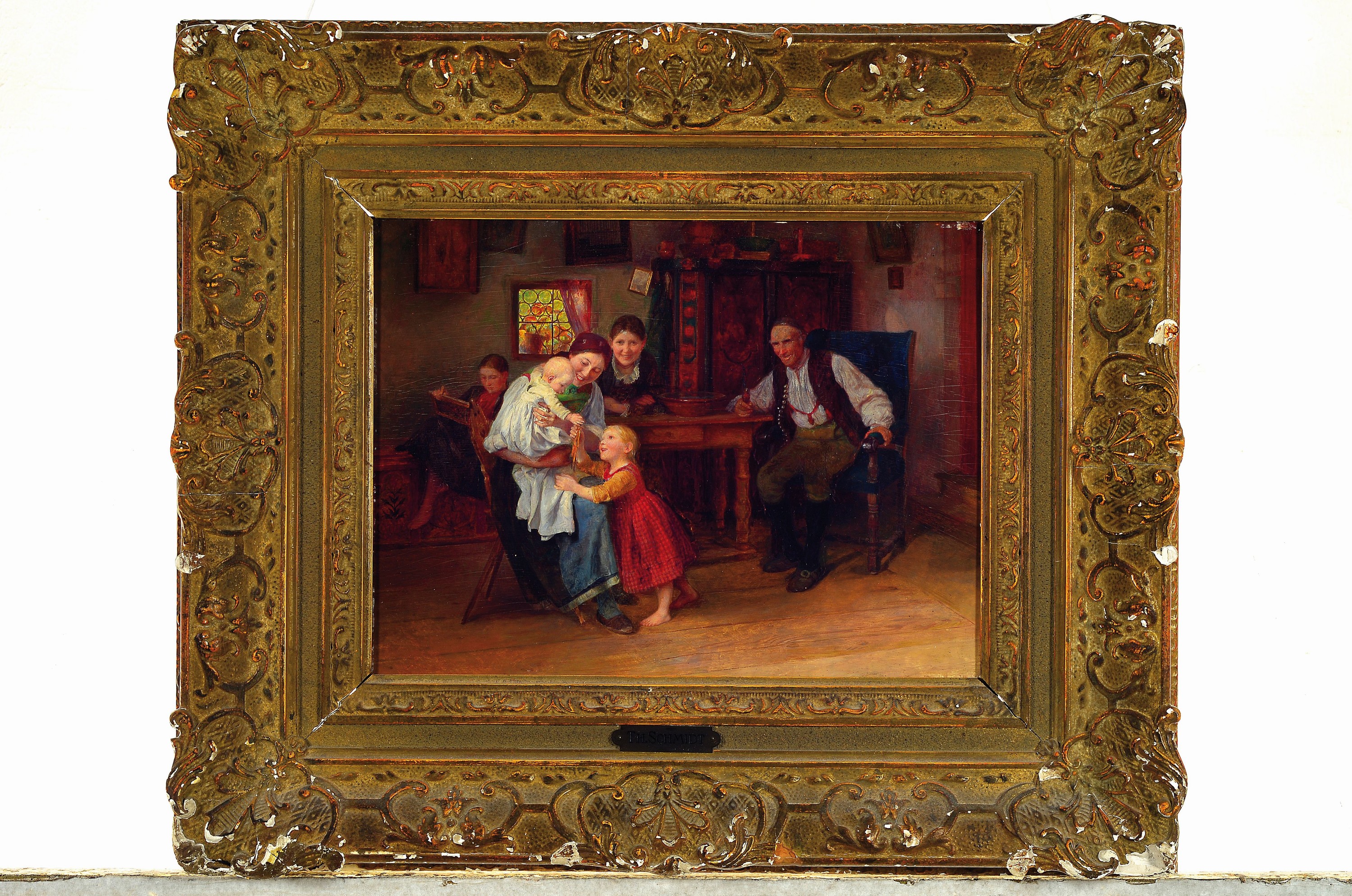 Detail k: Theodor Schmidt, 1885-1937 München, bäuerliches Interieur, Familie um eine Mutter mit Kleinkind, rechts unten signiert, Öl/Holz, 24x32 cm, Rahmen ...