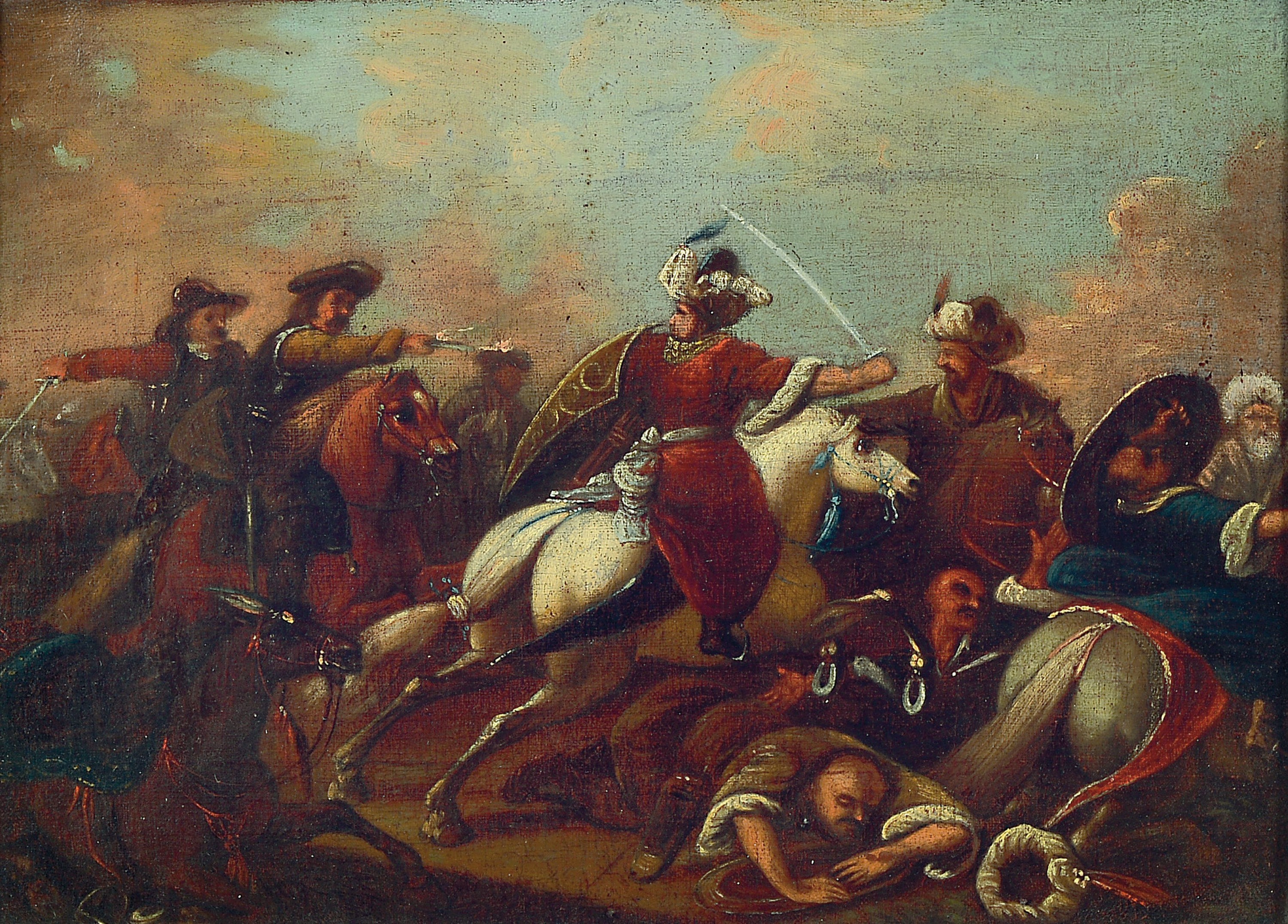 Zuschreibung: Christian Ludwig von Löwenstern, 1701-1754 Darmstadt, Schlachtenbild, Reitergefecht zwischen Europäern und Arabern, unsigniert, verso ...
