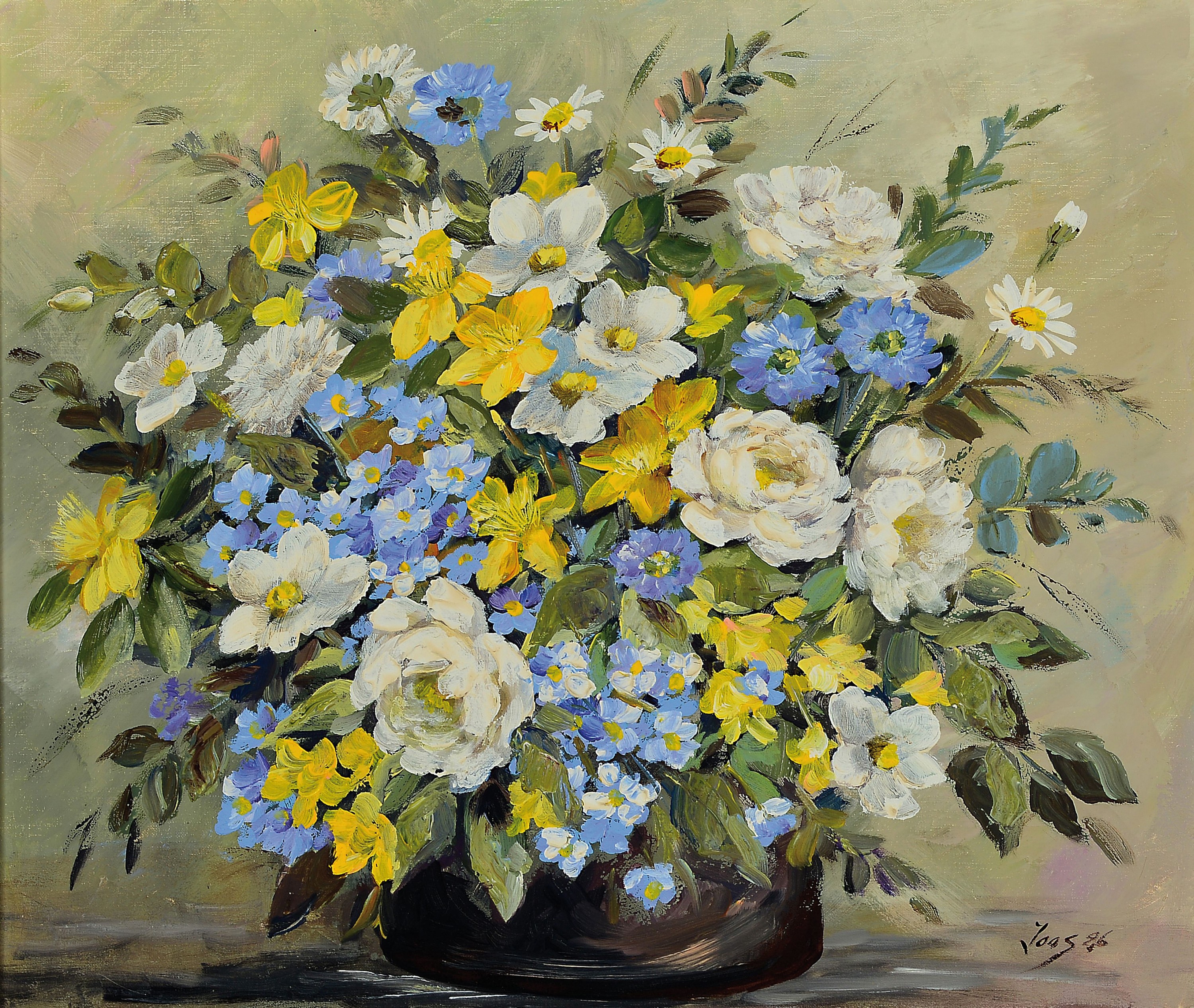 Joos, Künstler des späten 20.Jh., Blumenstillleben, rechts unten signiert und datiert 1986, Öl/Lwd, Rahmen 63x73 cm