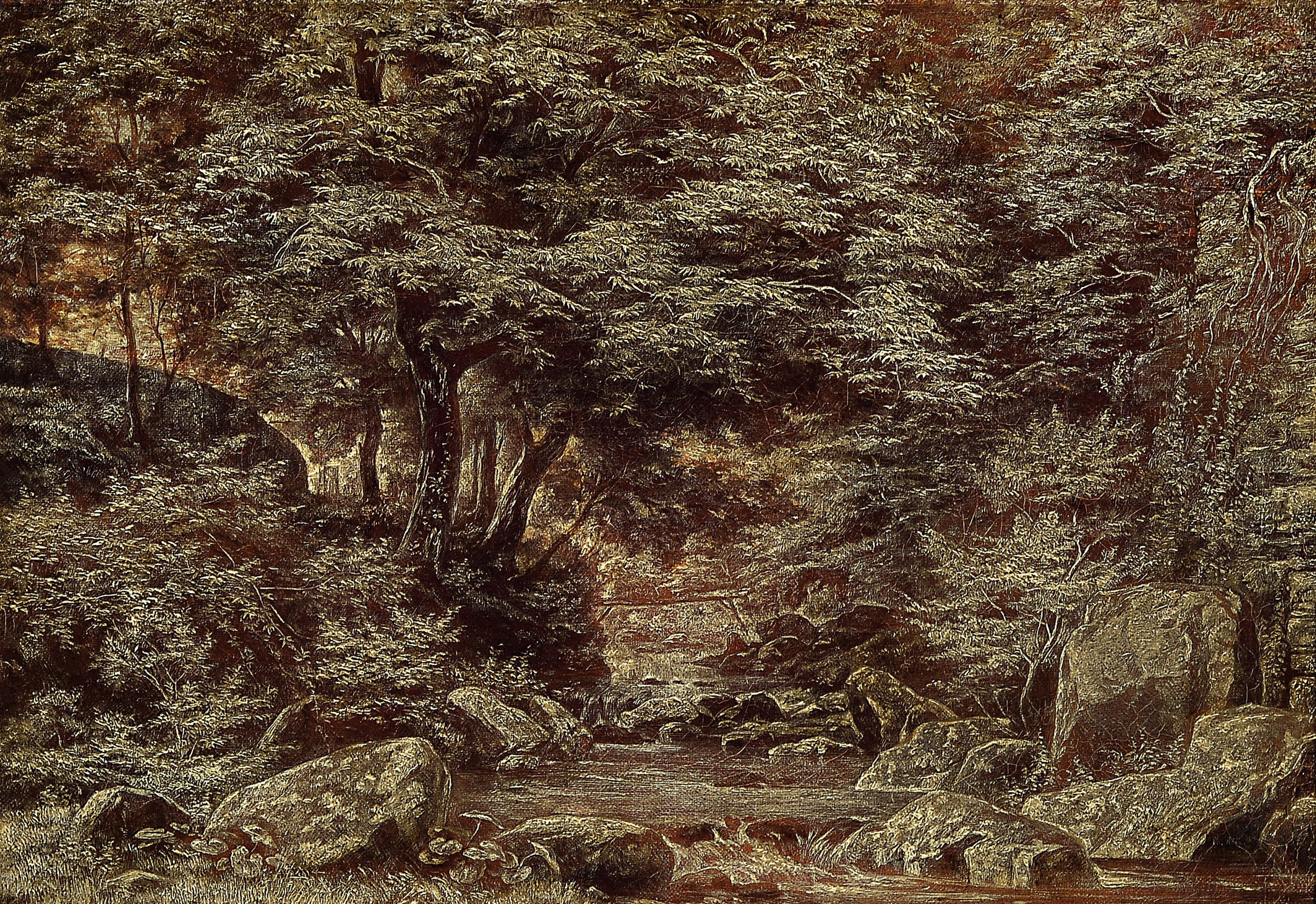 Philipp Röth, 1841 Darmstadt-1921 München, Waldinterieur in Grisaille, intimer Waldraum mit Bachlauf, rechts unten im Schatten signiert, Öl/Lwd, ...