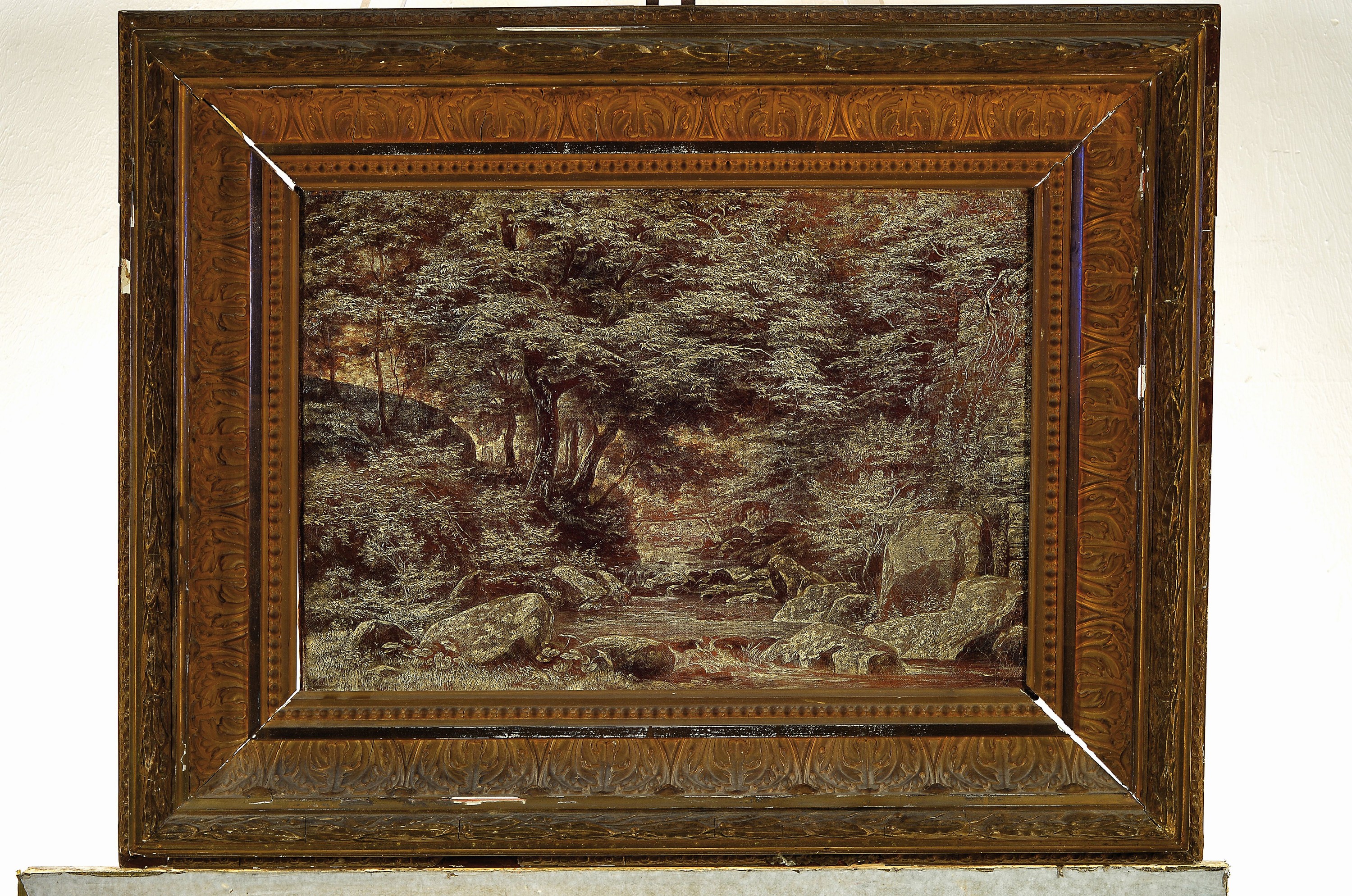 Detail k: Philipp Röth, 1841 Darmstadt-1921 München, Waldinterieur in Grisaille, intimer Waldraum mit Bachlauf, rechts unten im Schatten signiert, Öl/Lwd, ...