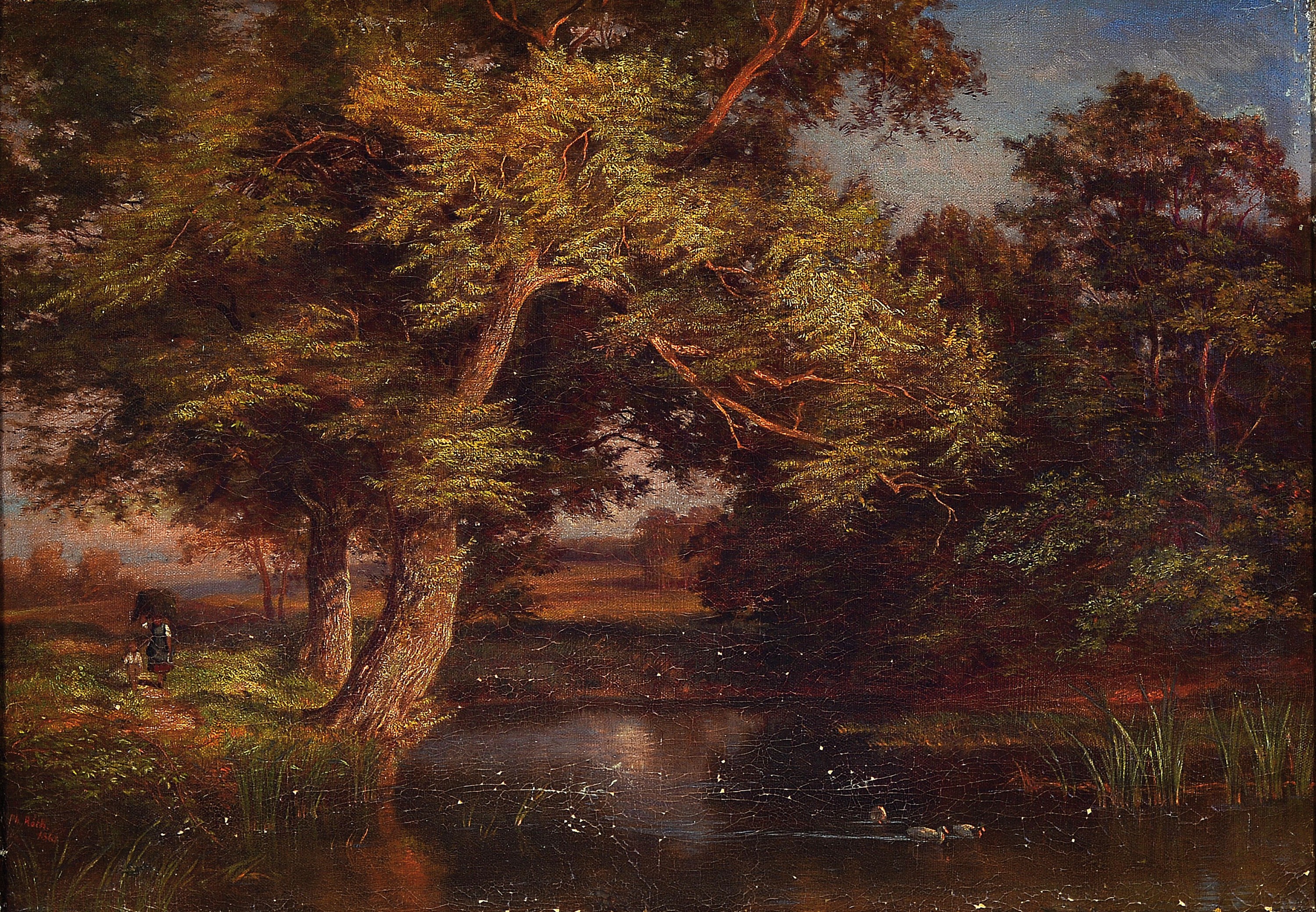 Philipp Röth, 1841 Darmstadt-1921 München, Teich am Waldrand, Figurenstaffage, malerische Konzentration auf den geneigten Baum im Vordergrund links ...
