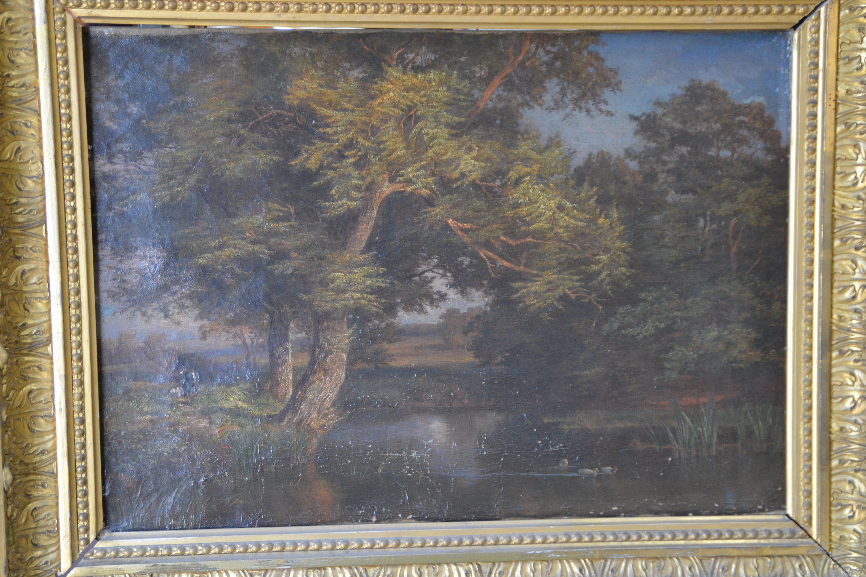 Detail a: Philipp Röth, 1841 Darmstadt-1921 München, Teich am Waldrand, Figurenstaffage, malerische Konzentration auf den geneigten Baum im Vordergrund links ...
