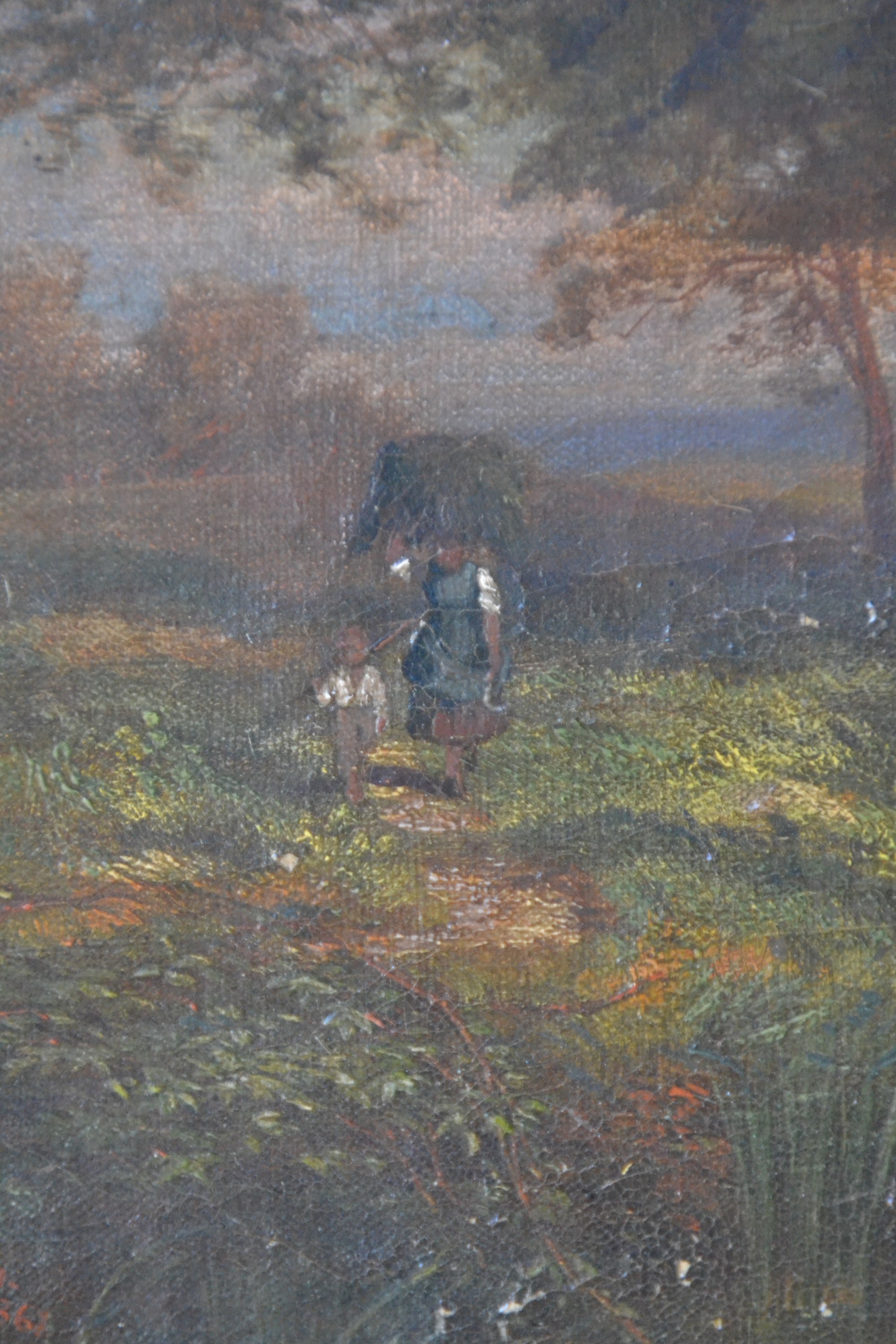 Detail b: Philipp Röth, 1841 Darmstadt-1921 München, Teich am Waldrand, Figurenstaffage, malerische Konzentration auf den geneigten Baum im Vordergrund links ...