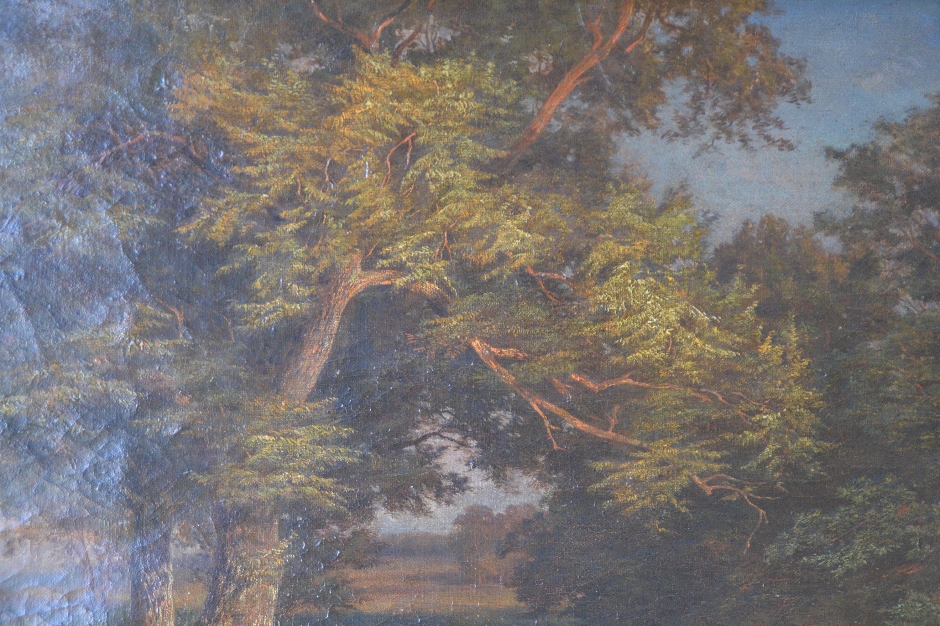 Detail c: Philipp Röth, 1841 Darmstadt-1921 München, Teich am Waldrand, Figurenstaffage, malerische Konzentration auf den geneigten Baum im Vordergrund links ...