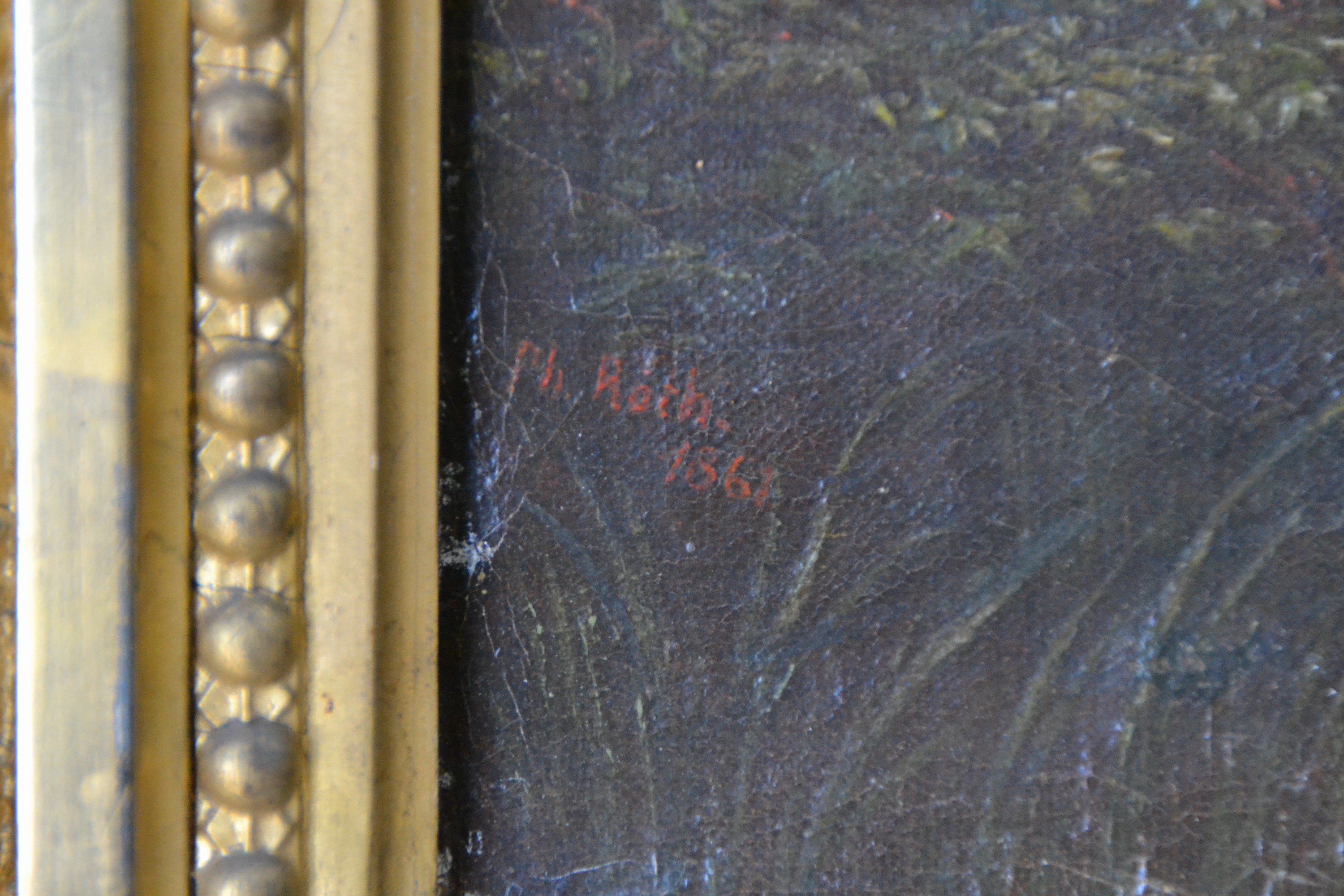 Detail d: Philipp Röth, 1841 Darmstadt-1921 München, Teich am Waldrand, Figurenstaffage, malerische Konzentration auf den geneigten Baum im Vordergrund links ...