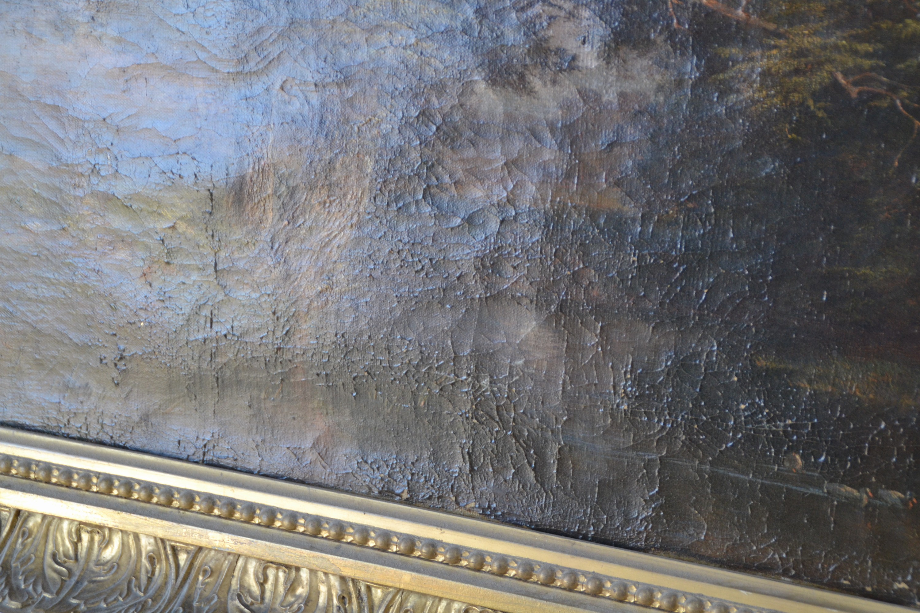 Detail e: Philipp Röth, 1841 Darmstadt-1921 München, Teich am Waldrand, Figurenstaffage, malerische Konzentration auf den geneigten Baum im Vordergrund links ...