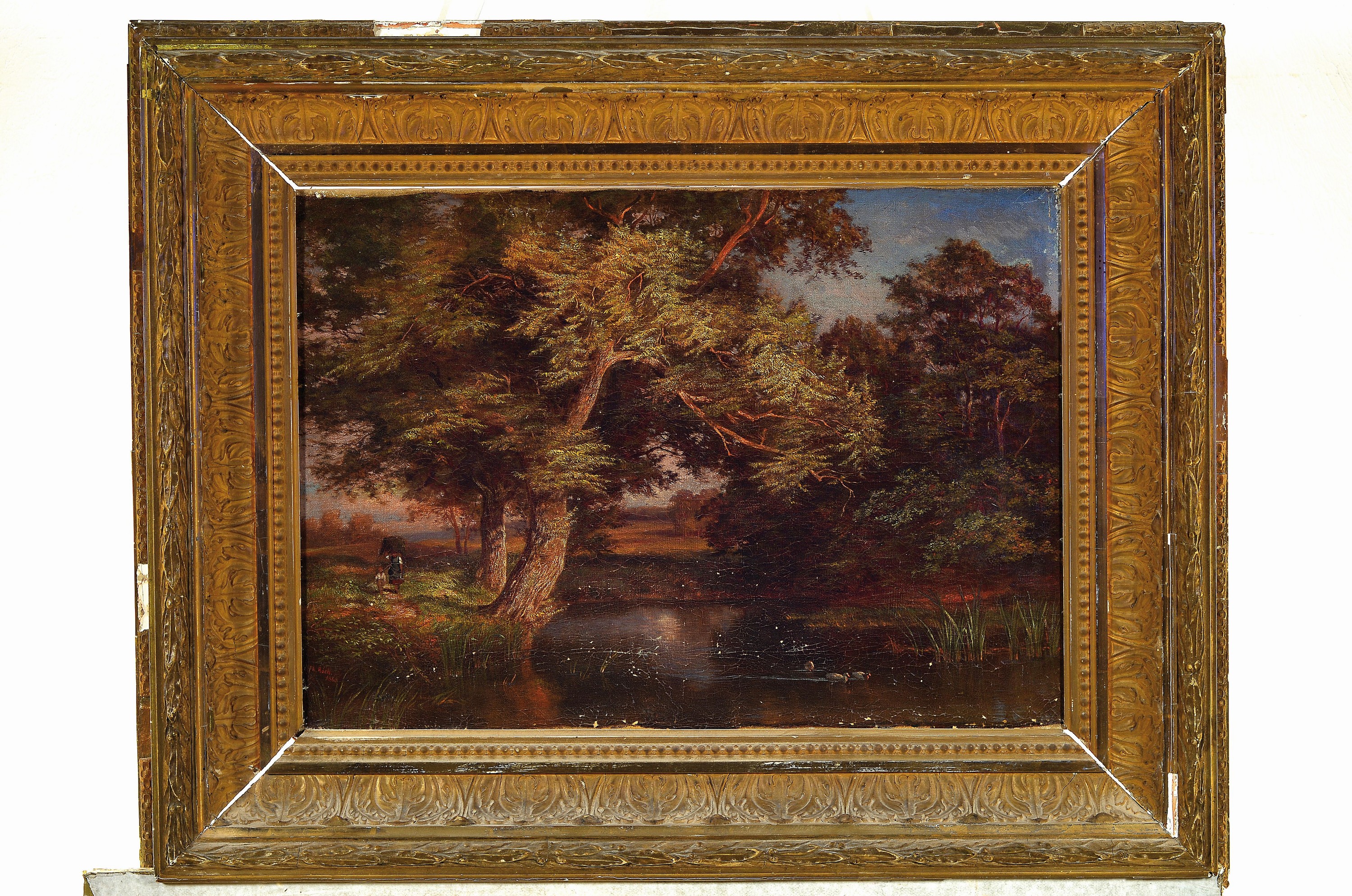 Detail k: Philipp Röth, 1841 Darmstadt-1921 München, Teich am Waldrand, Figurenstaffage, malerische Konzentration auf den geneigten Baum im Vordergrund links ...
