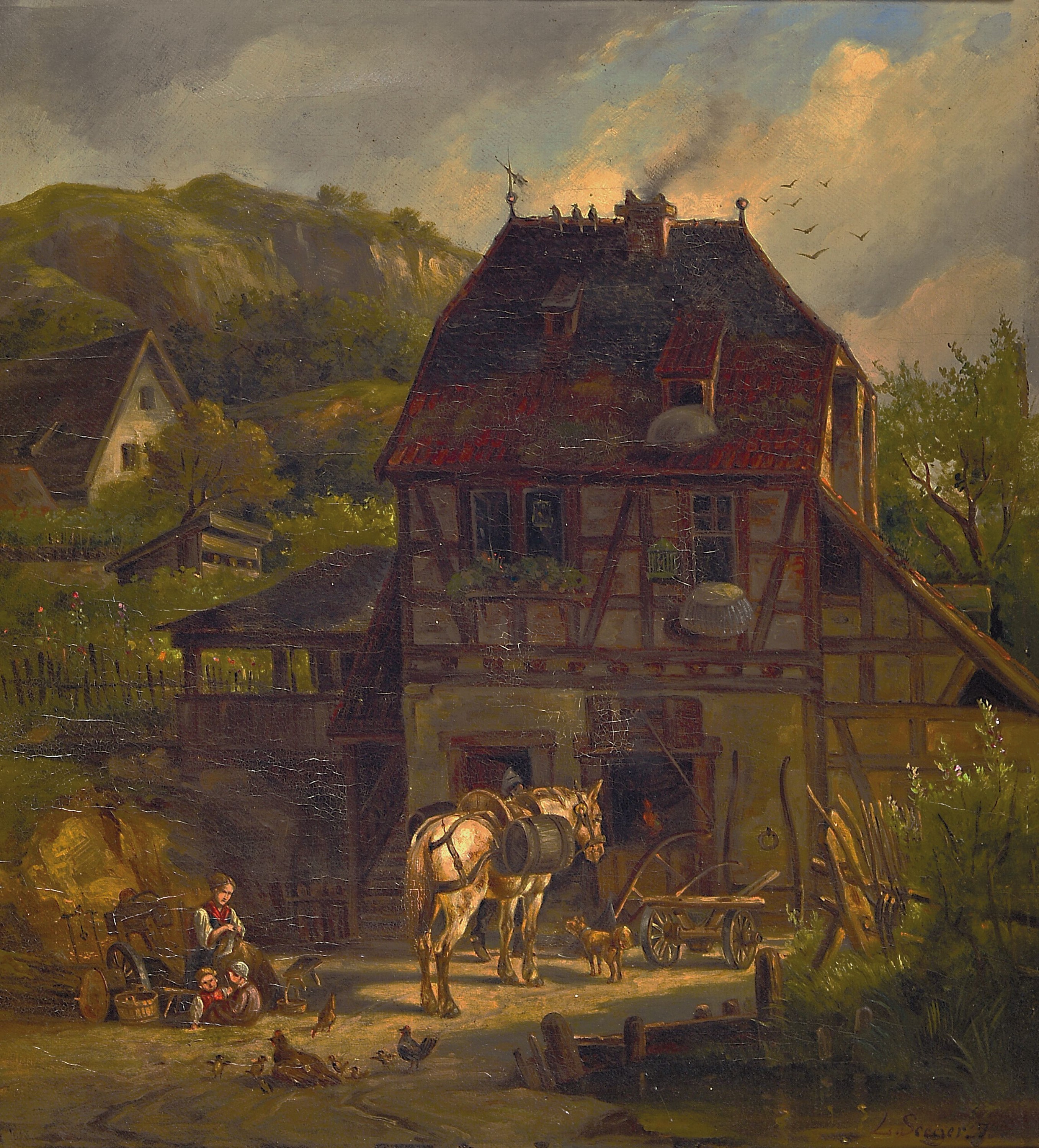 Karl Ludwig Seeger, 1808 Alzey-1866 Darmstadt, Blick in den Hof eines Bauernhauses, Bäuerin bei der Handarbeit nebst zweier Kinder und einem ...