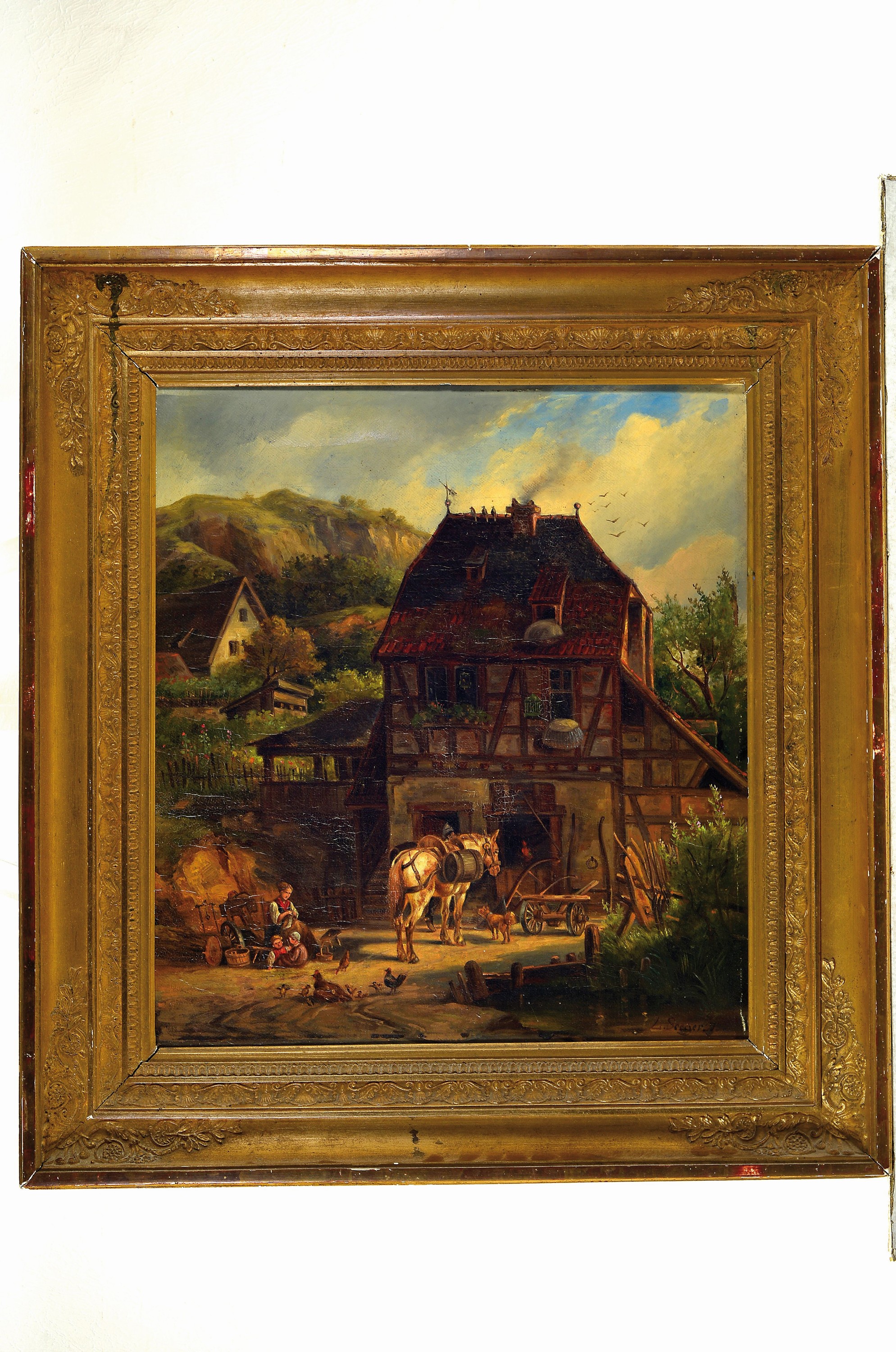 Detail k: Karl Ludwig Seeger, 1808 Alzey-1866 Darmstadt, Blick in den Hof eines Bauernhauses, Bäuerin bei der Handarbeit nebst zweier Kinder und einem ...