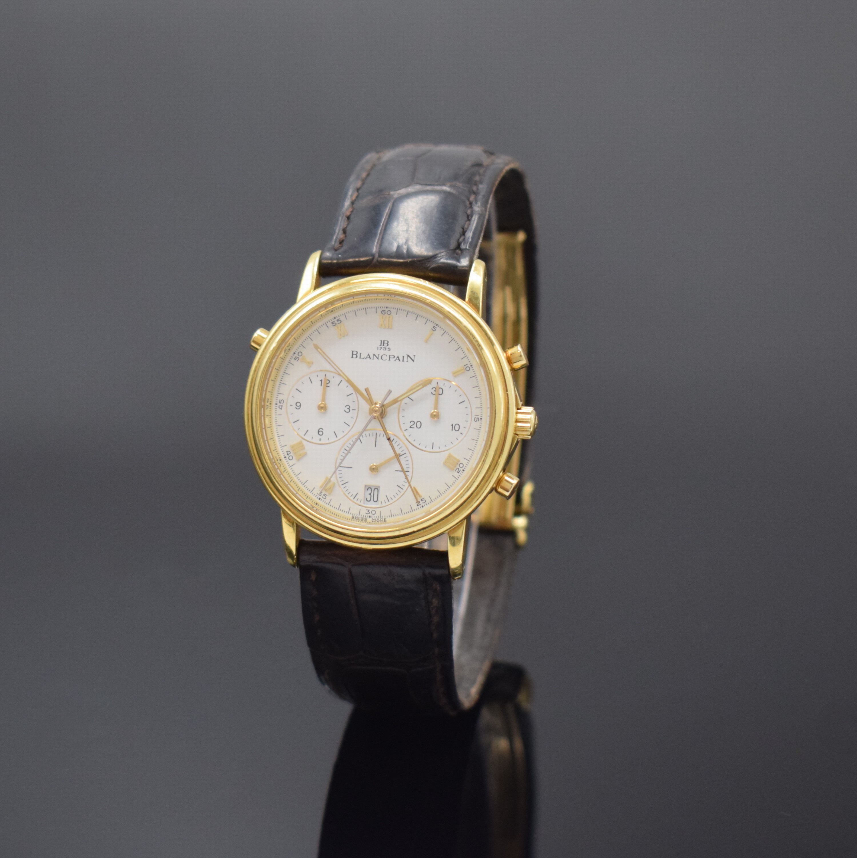 BLANCPAIN Schaltradchronograph in GG 750/000 mit Rattrapante Serie Villeret, Schweiz um 1990, Automatik, Lederband m. orig. GG 750/000 Faltschl., ...