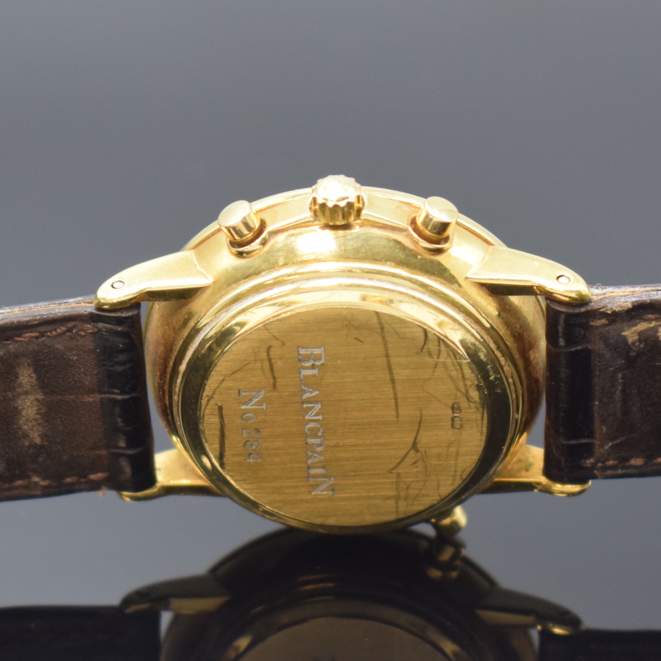 Detail e: BLANCPAIN Schaltradchronograph in GG 750/000 mit Rattrapante Serie Villeret, Schweiz um 1990, Automatik, Lederband m. orig. GG 750/000 Faltschl., ...