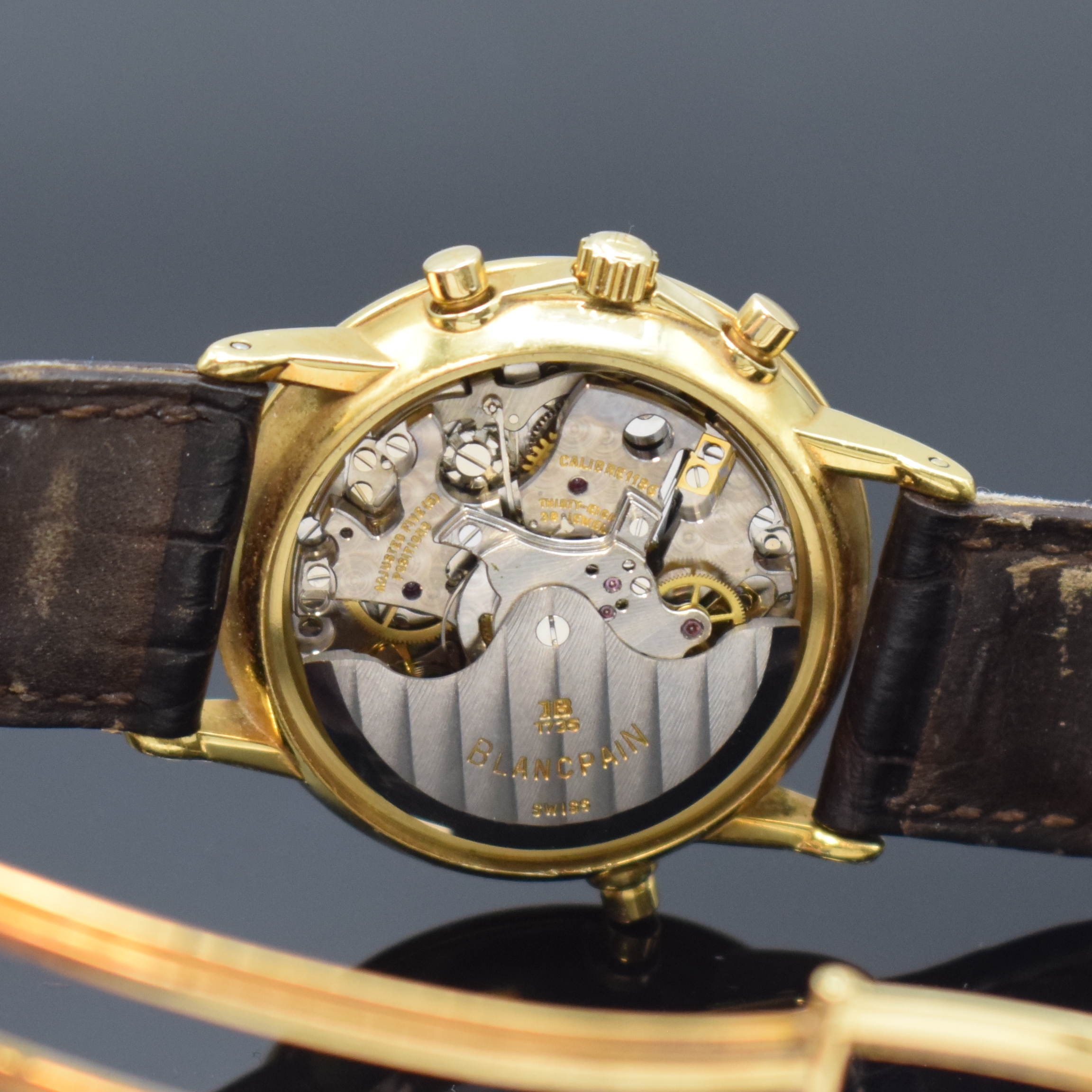 Detail f: BLANCPAIN Schaltradchronograph in GG 750/000 mit Rattrapante Serie Villeret, Schweiz um 1990, Automatik, Lederband m. orig. GG 750/000 Faltschl., ...