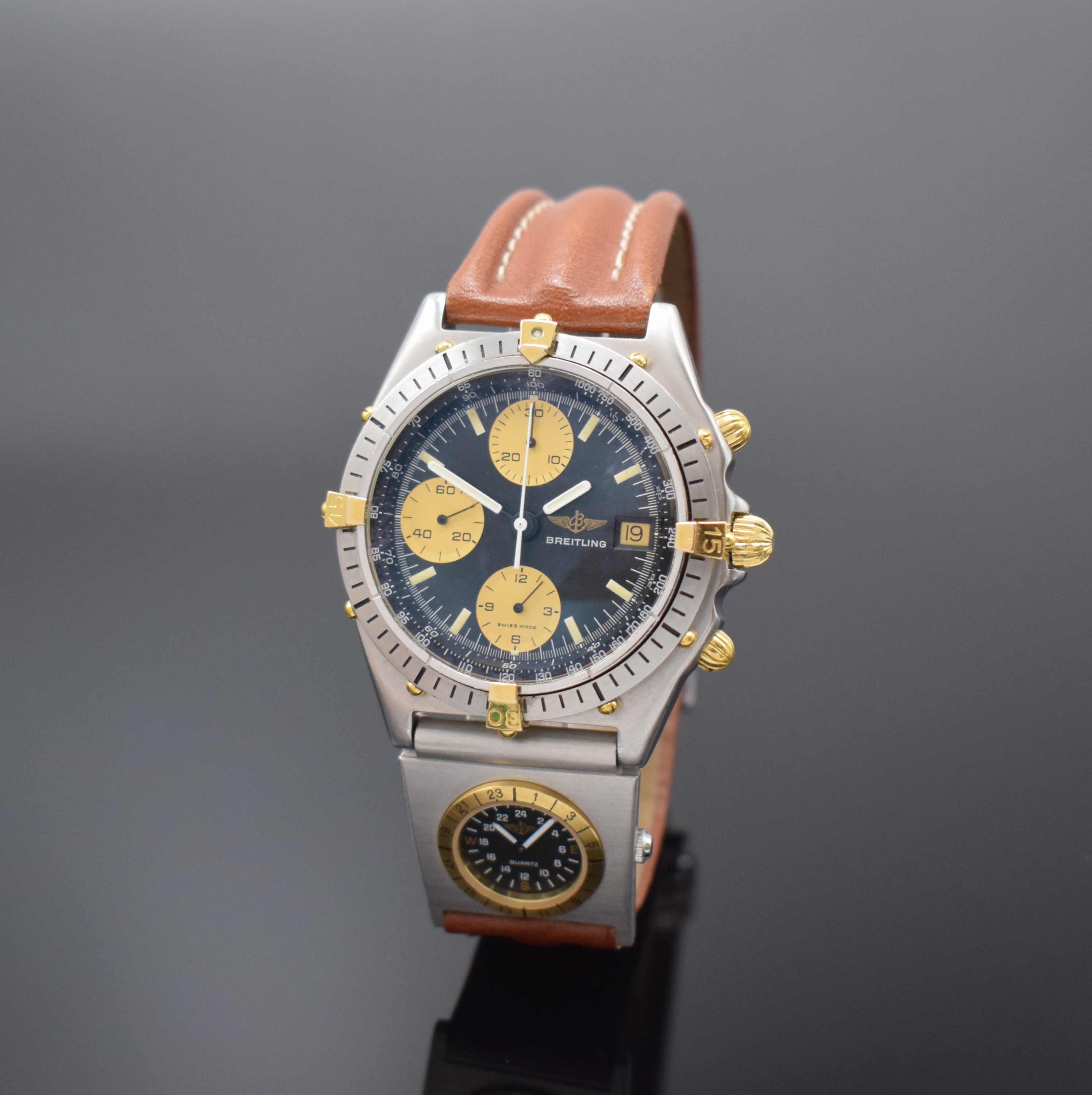 BREITLING Chronomat Herrenarmbanduhr Referenz 81.950, Schweiz um 1990, Automatik, Gehäuse in Edelstahl/Gold komb. inkl. Breitling Lederband m. ...