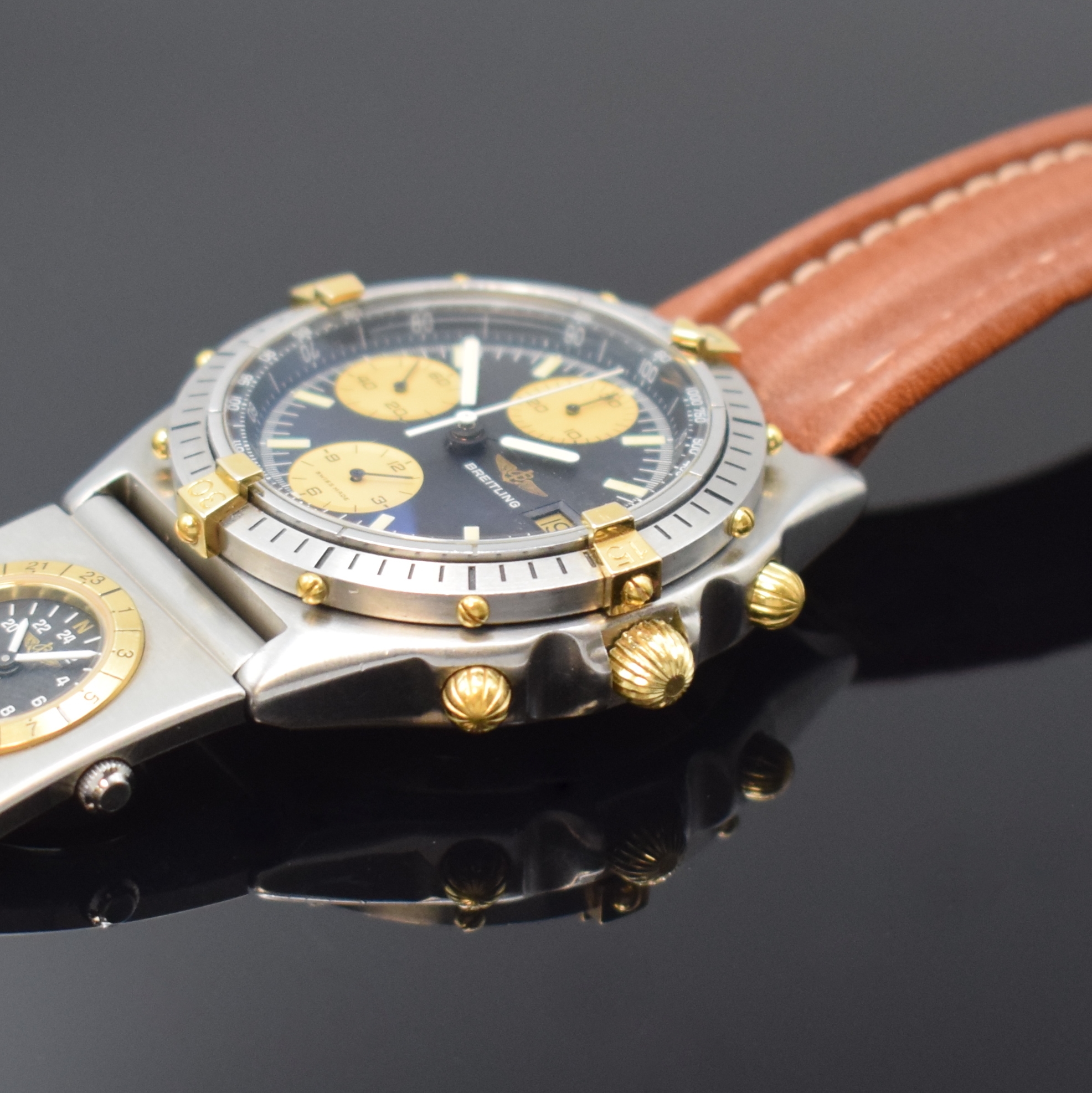Detail c: BREITLING Chronomat Herrenarmbanduhr Referenz 81.950, Schweiz um 1990, Automatik, Gehäuse in Edelstahl/Gold komb. inkl. Breitling Lederband m. ...