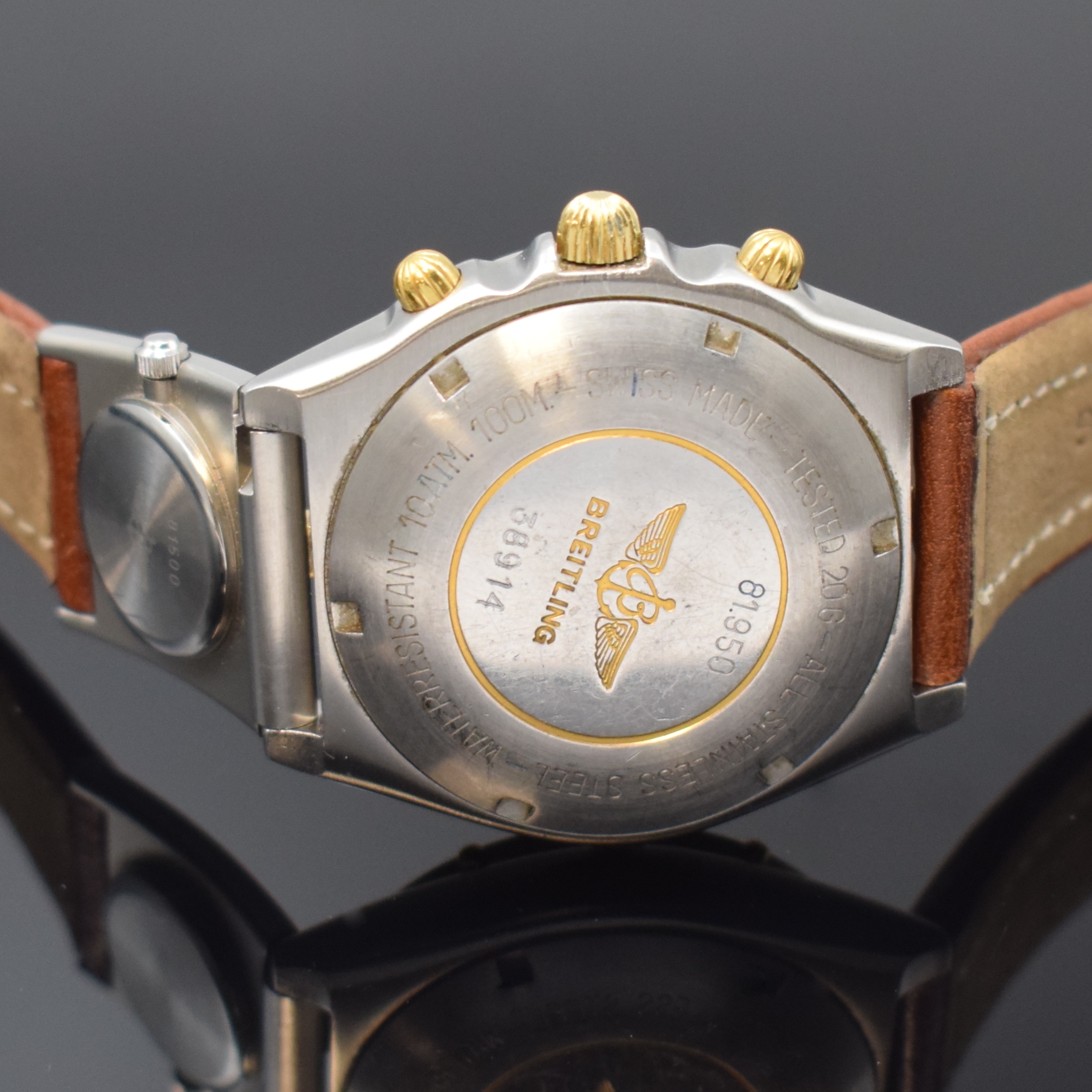 Detail d: BREITLING Chronomat Herrenarmbanduhr Referenz 81.950, Schweiz um 1990, Automatik, Gehäuse in Edelstahl/Gold komb. inkl. Breitling Lederband m. ...