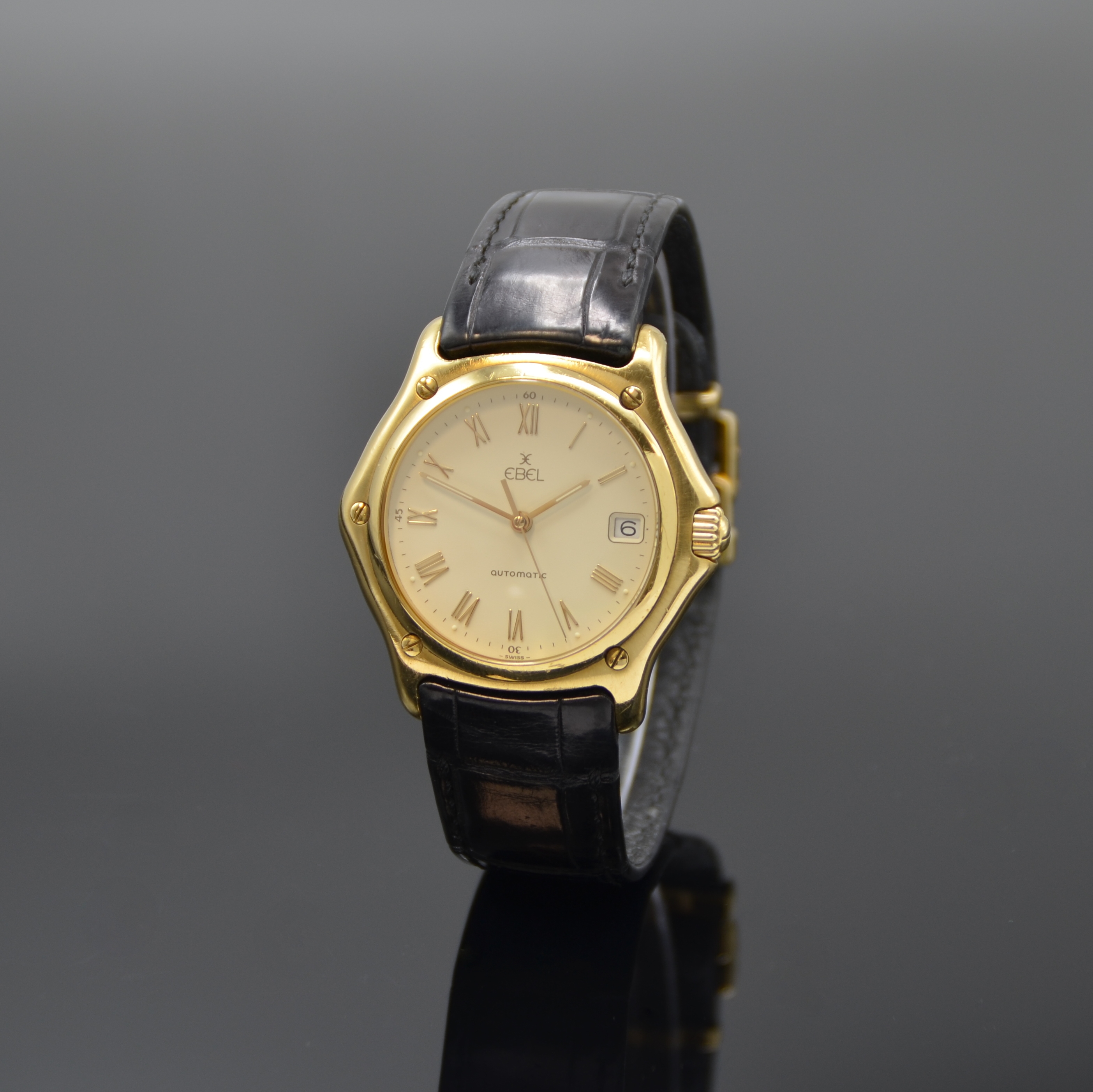 EBEL 1911 Senior Herrenarmbanduhr in GG 750/000 Referenz 8080916, Schweiz um 1995, Automatik, Boden 8-fach verschr., orig. Lederband m. Faltschl. in ...