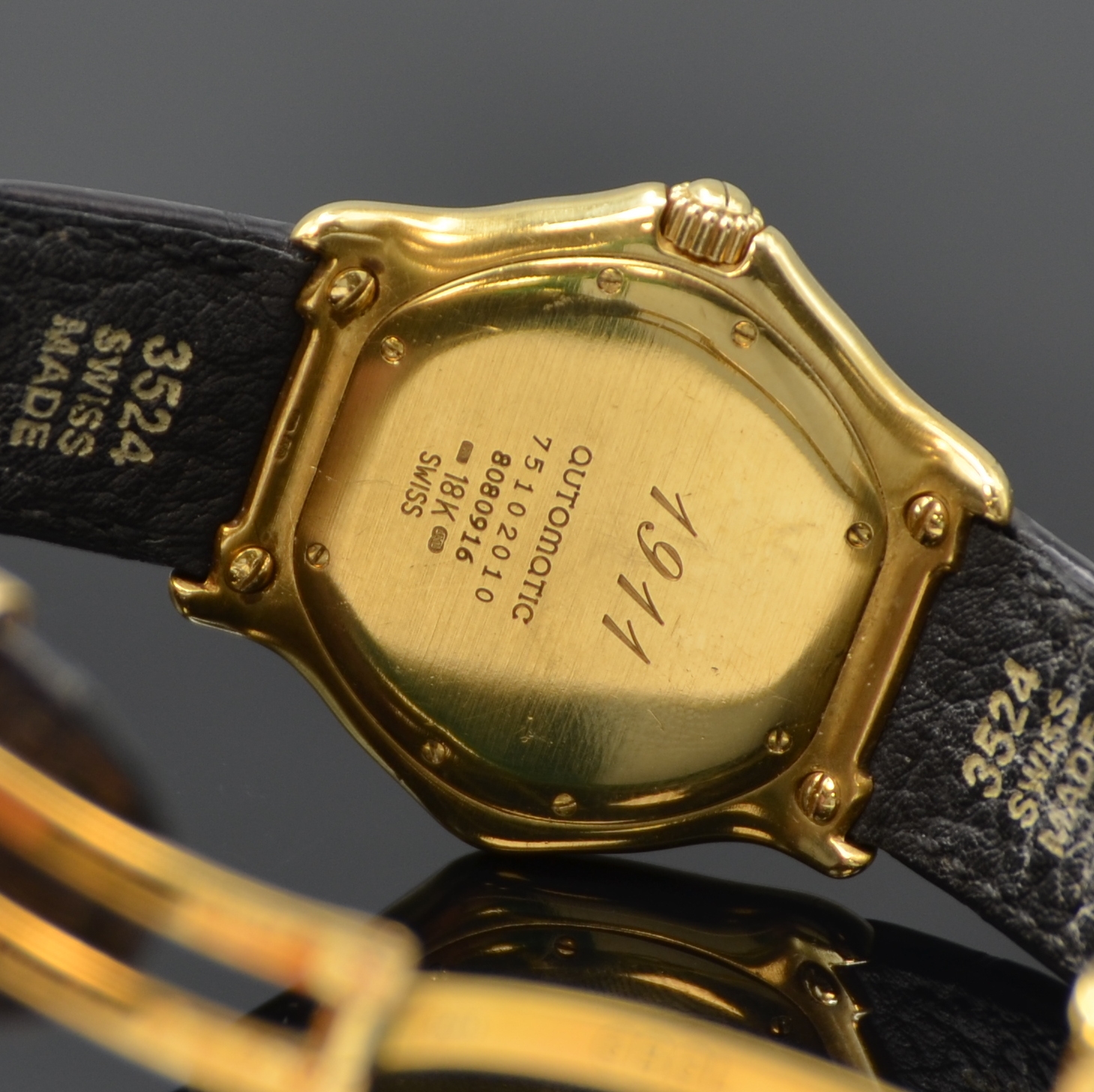 Detail d: EBEL 1911 Senior Herrenarmbanduhr in GG 750/000 Referenz 8080916, Schweiz um 1995, Automatik, Boden 8-fach verschr., orig. Lederband m. Faltschl. in ...