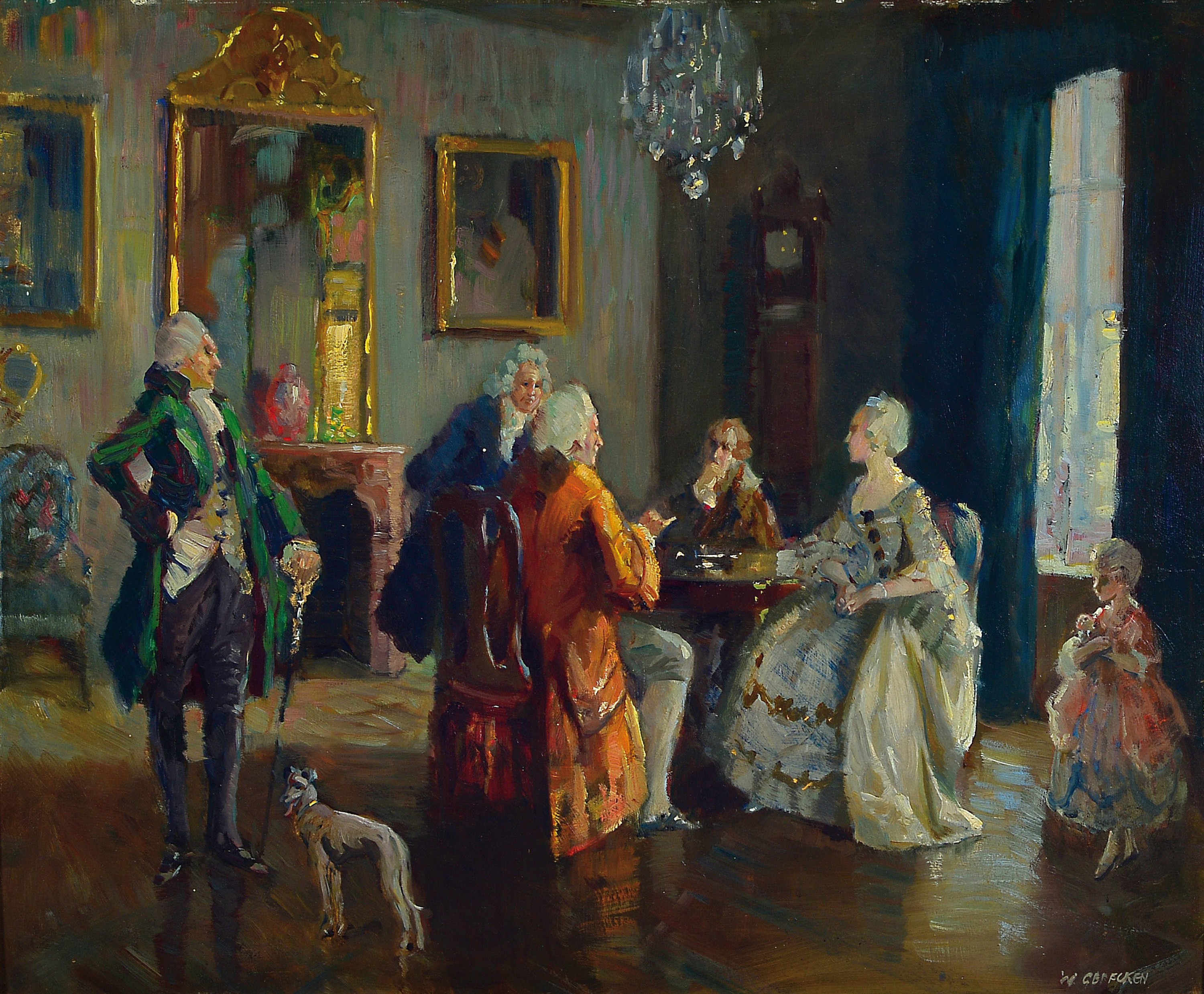 Walter Geffcken, 1872 Hamburg-1950 Rosenheim , höfische Rokoko-Gesellschaft in herrschaftlichem Interieur, rechts unten unleserlich signiert, ...