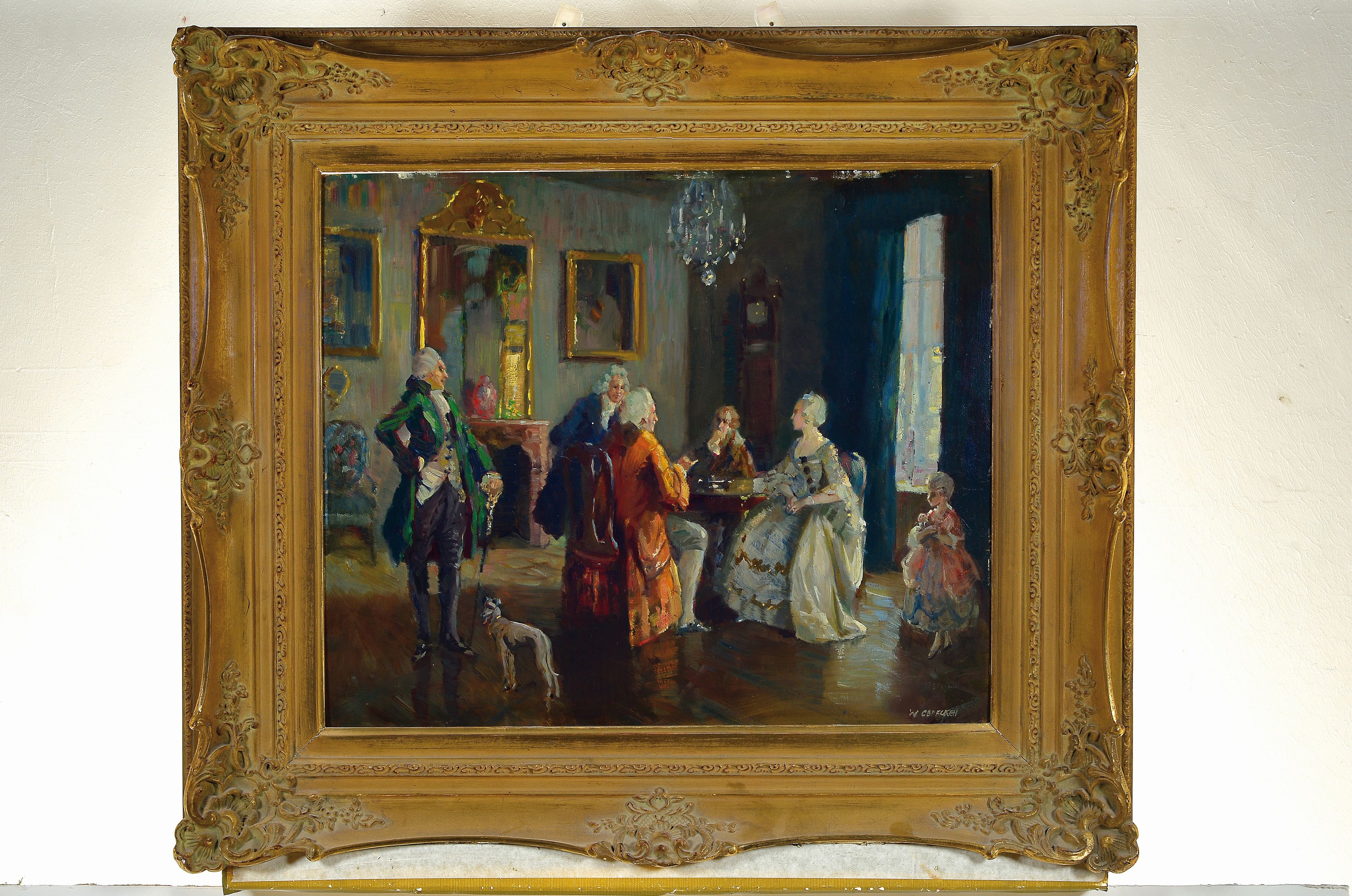Detail k: Walter Geffcken, 1872 Hamburg-1950 Rosenheim , höfische Rokoko-Gesellschaft in herrschaftlichem Interieur, rechts unten unleserlich signiert, ...