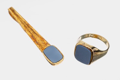 Image 26904336 - 14 kt Gold Herrenschmuckset, GG 585/000, best. aus: Ring mit Lagensteinplatte ungrav., ...
