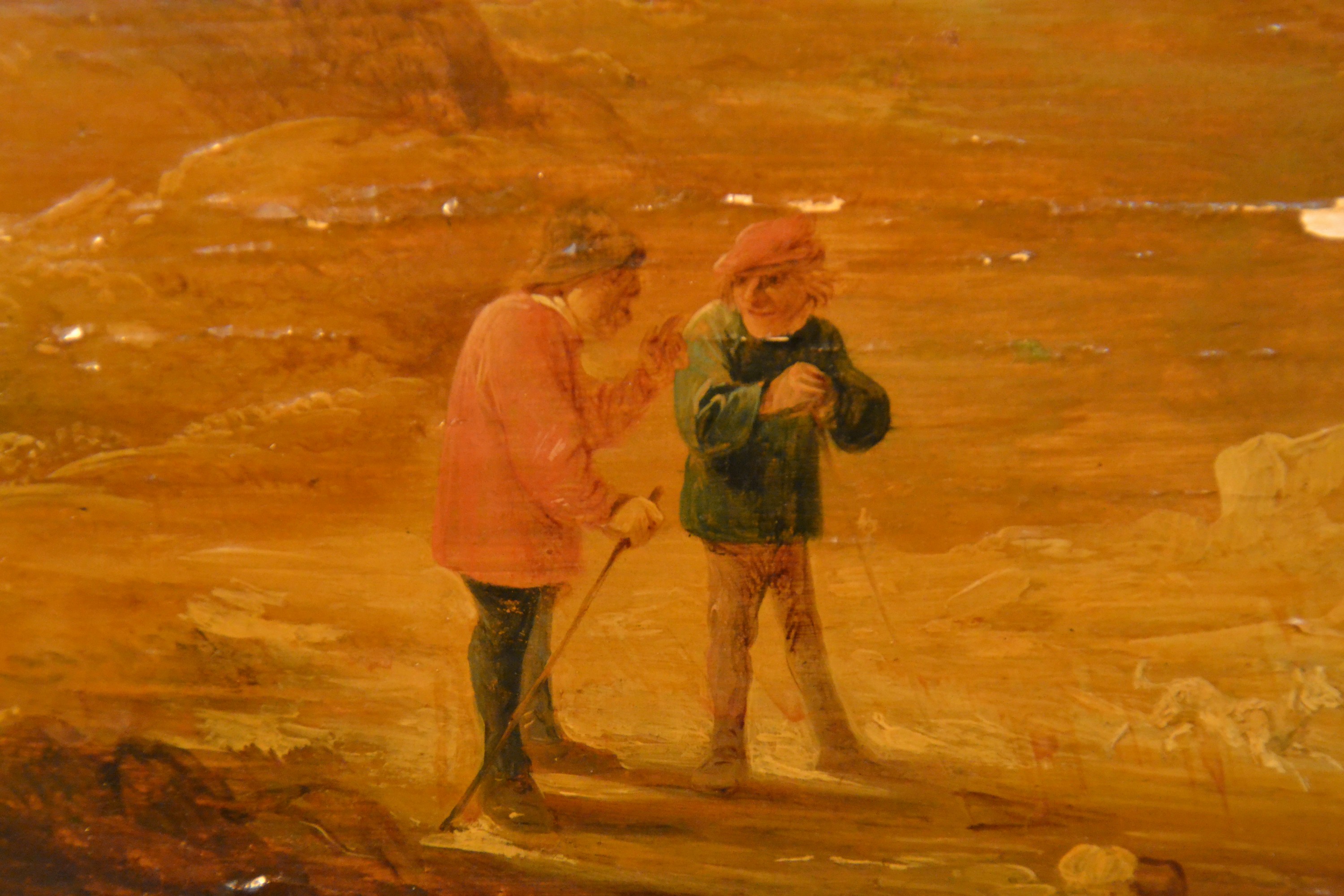 Detail a: David Teniers II, 1610-1690, Landschaft mit Wegekreuz und Personen, Öl/Holz, parkettiert, mit einigen Farbaufwerfungen und Farbabblätterungen, ...