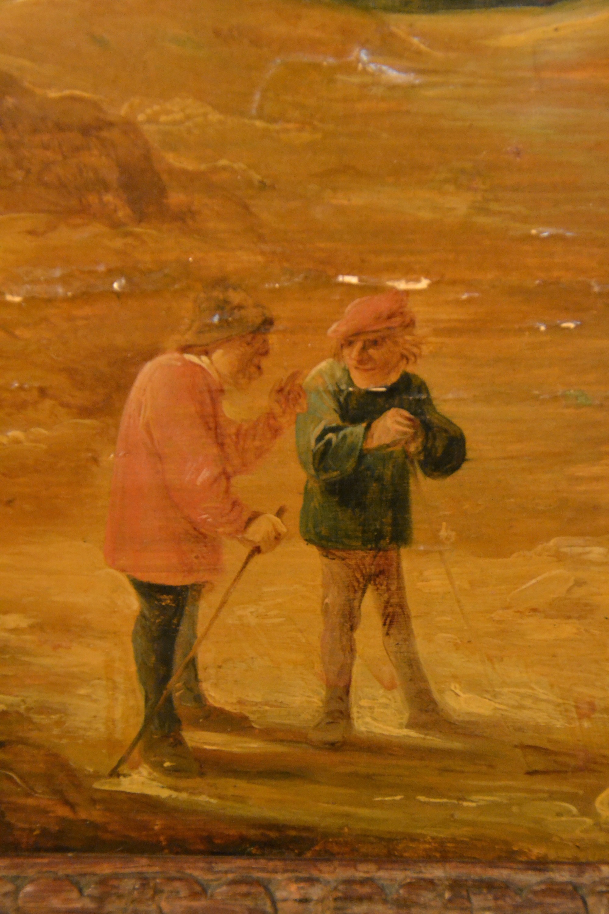 Detail b: David Teniers II, 1610-1690, Landschaft mit Wegekreuz und Personen, Öl/Holz, parkettiert, mit einigen Farbaufwerfungen und Farbabblätterungen, ...
