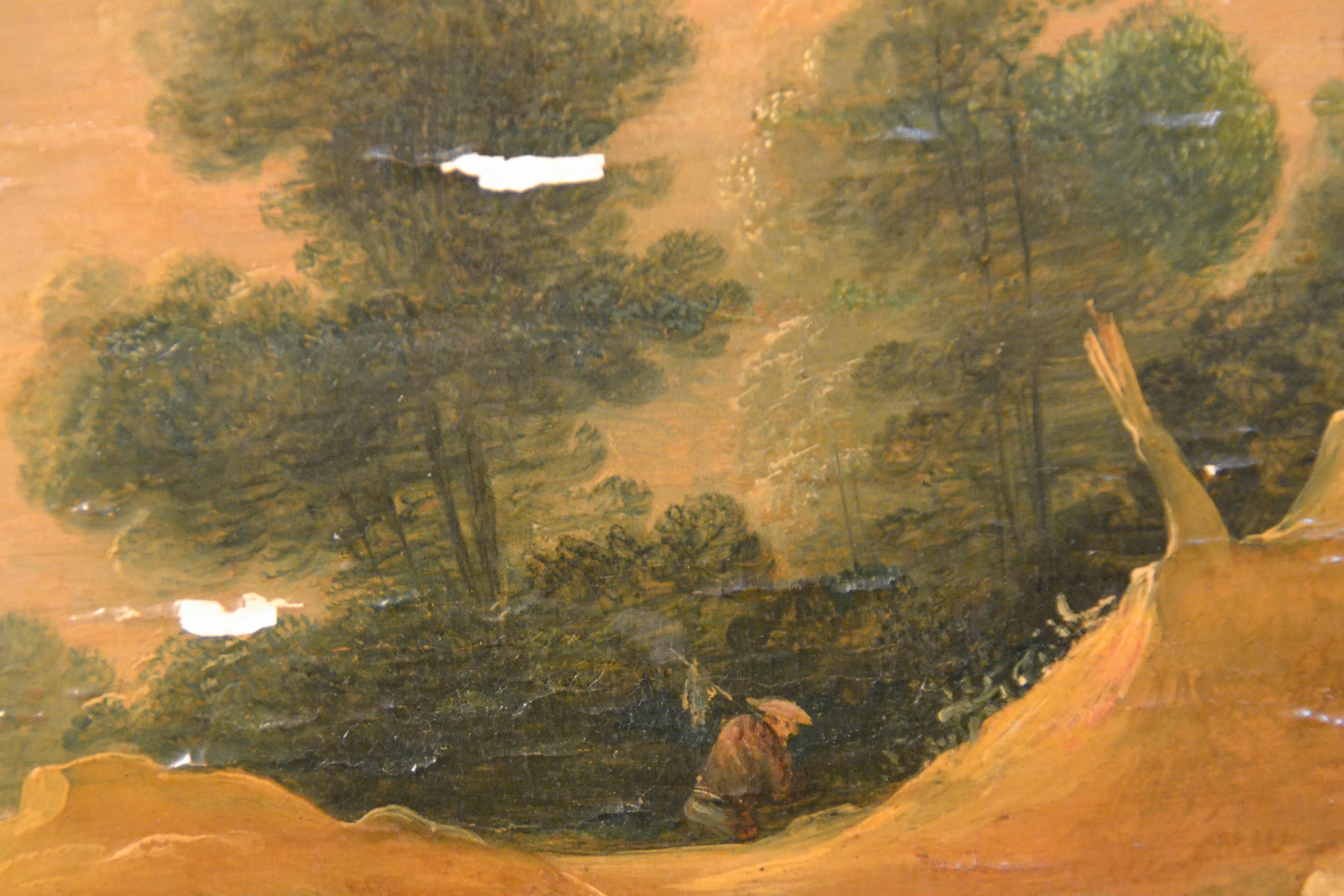 Detail c: David Teniers II, 1610-1690, Landschaft mit Wegekreuz und Personen, Öl/Holz, parkettiert, mit einigen Farbaufwerfungen und Farbabblätterungen, ...