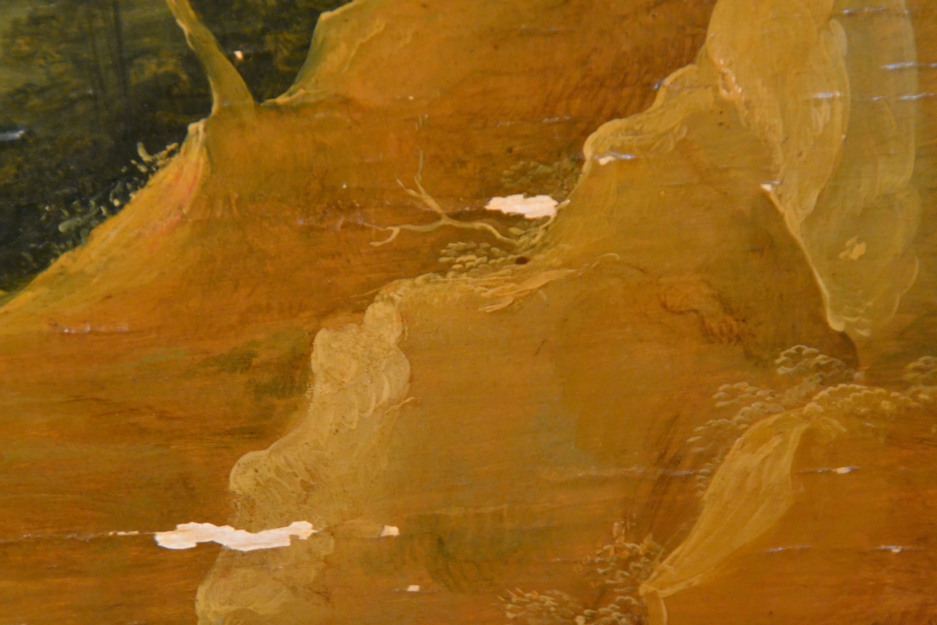 Detail d: David Teniers II, 1610-1690, Landschaft mit Wegekreuz und Personen, Öl/Holz, parkettiert, mit einigen Farbaufwerfungen und Farbabblätterungen, ...